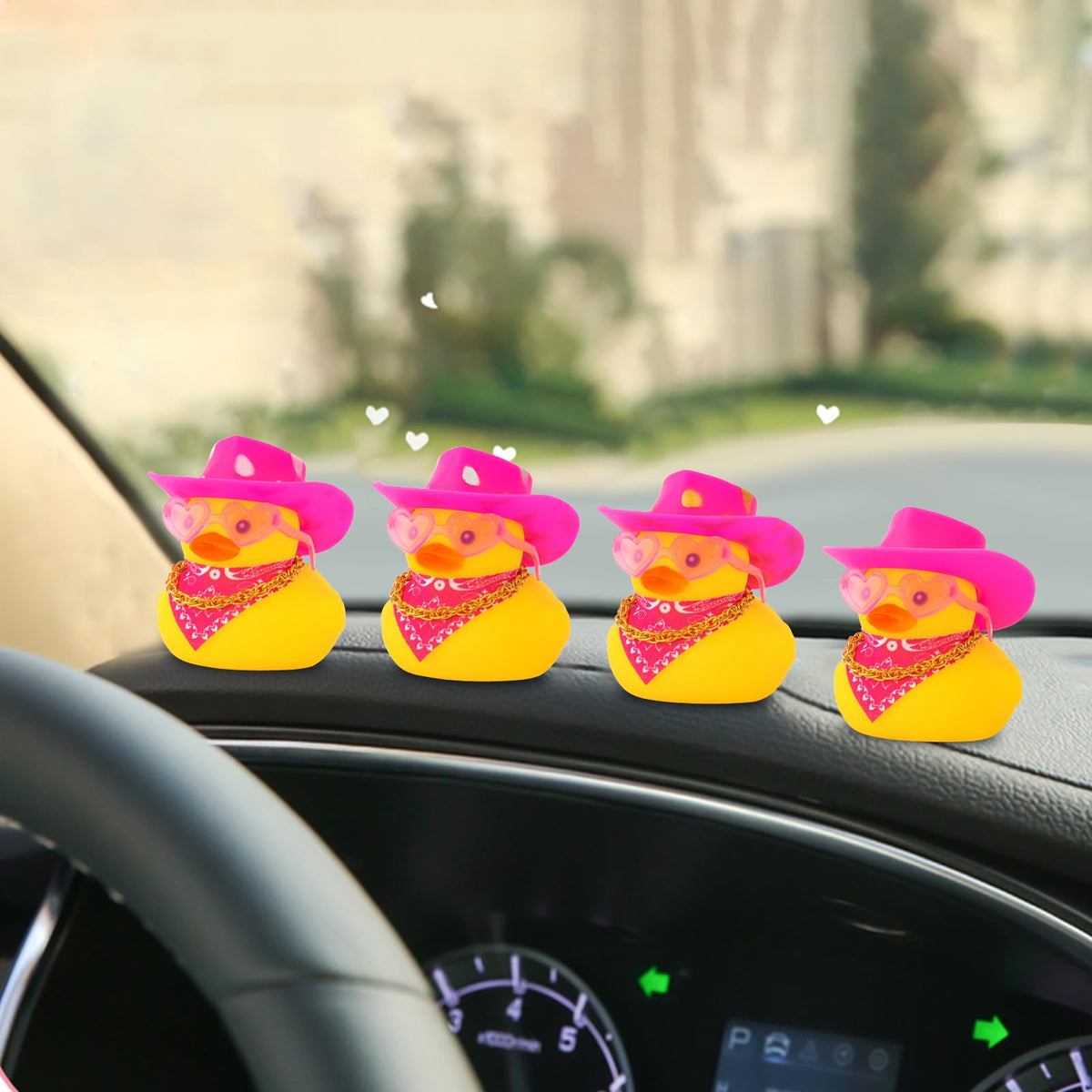 wonuu Car Rubber Cowboy Duck – Yellow Dashboard Decor with Cowboy Hat, Pink Sunglasses & Necklace