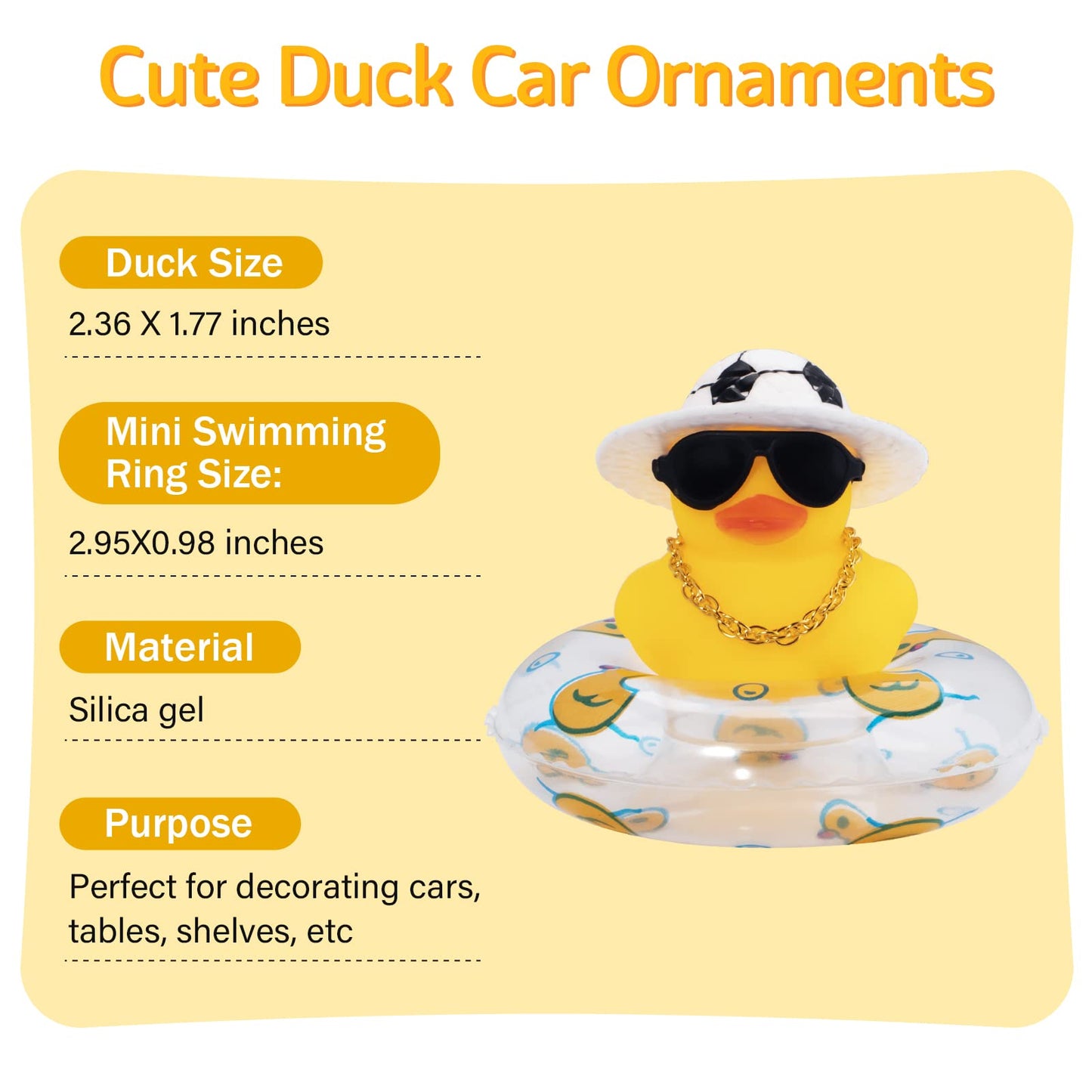 wonuu Car Rubber Duck – Yellow Dash Ornament with Sun Hat, Sunglasses, Necklace & Swim Ring