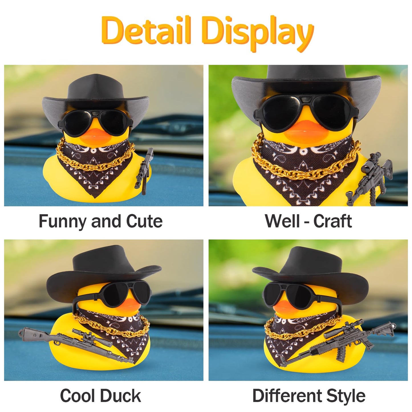 wonuu Black Cool Rubber Duck Car Ornament – Dashboard Decoration with Cowboy Hat and Sunglasses