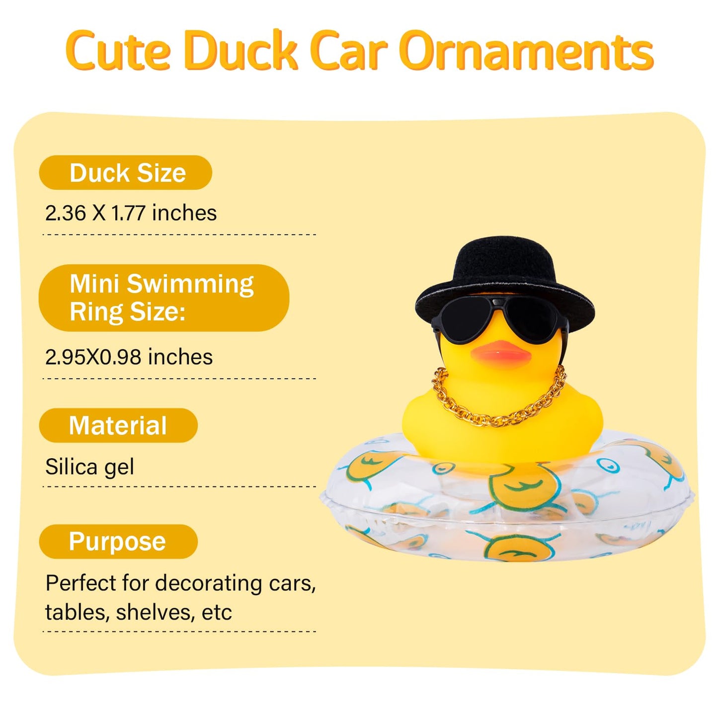wonuu Car Rubber Duck Dashboard Decor – Yellow Duck with Sun Hat, Sunglasses, Necklace, Swim Ring and Top Hat