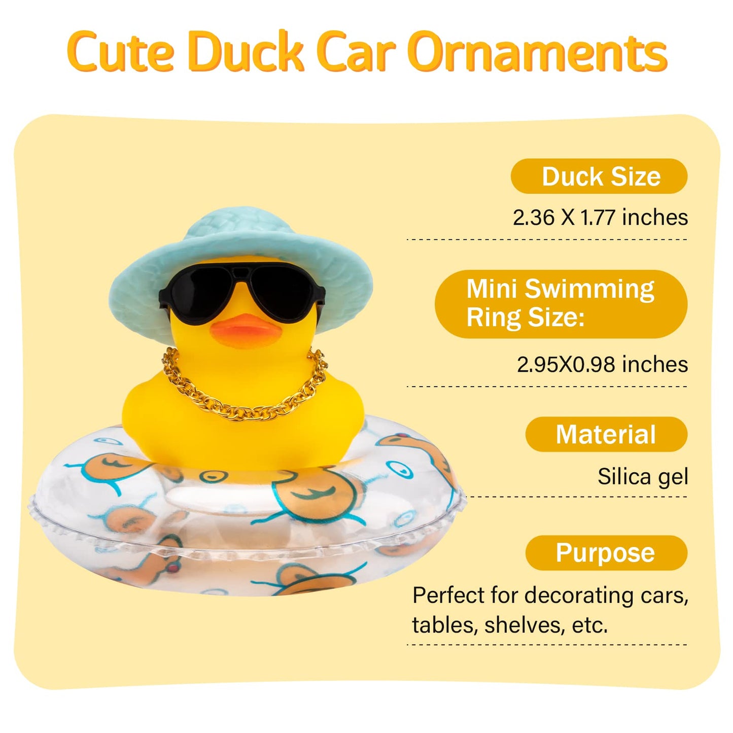 Wonuu Car Rubber Duck Dashboard Decoration – Yellow Duck with Hat, Sunglasses