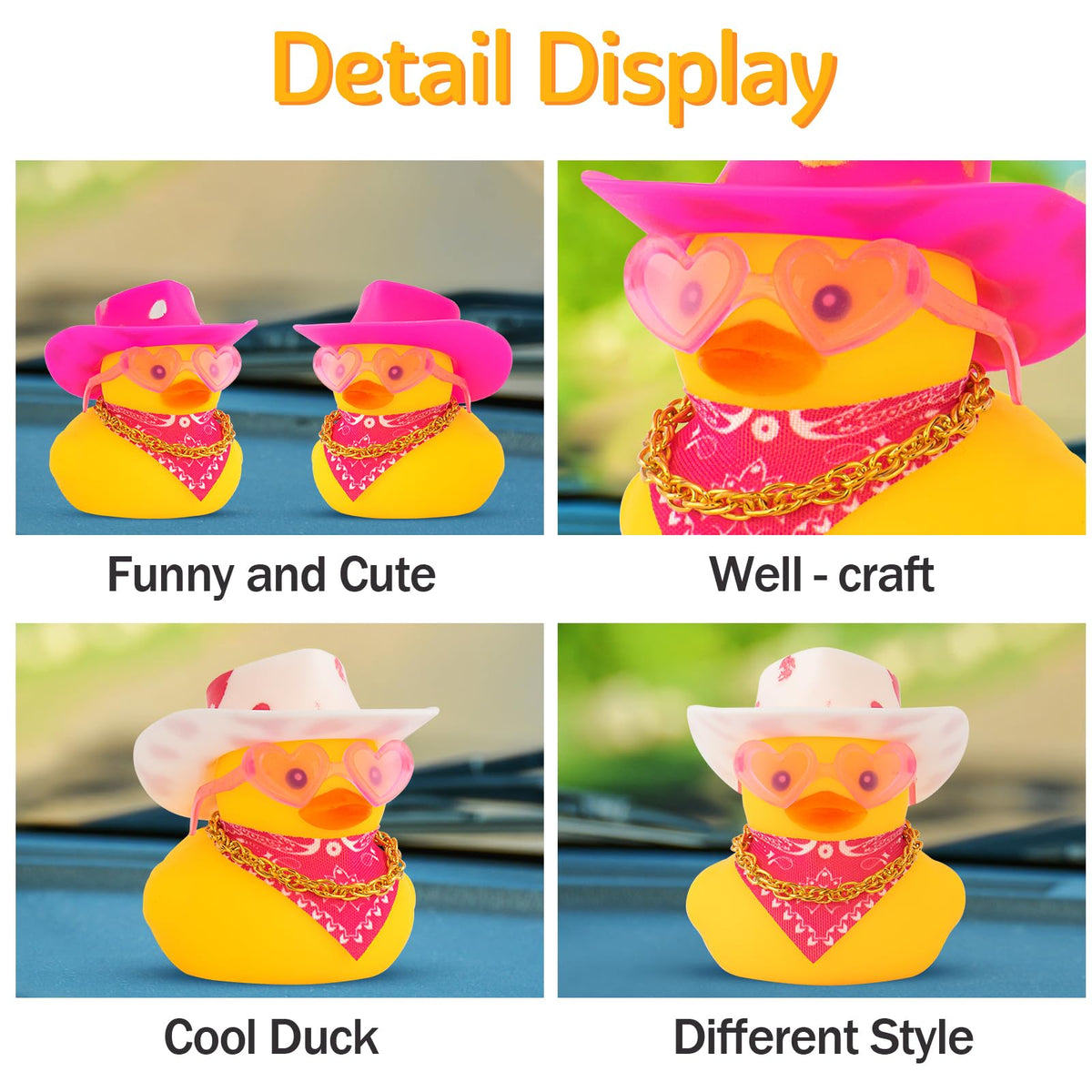 wonuu Car Rubber Cowboy Duck – Yellow Dashboard Decor with Cowboy Hat, Pink Sunglasses & Necklace