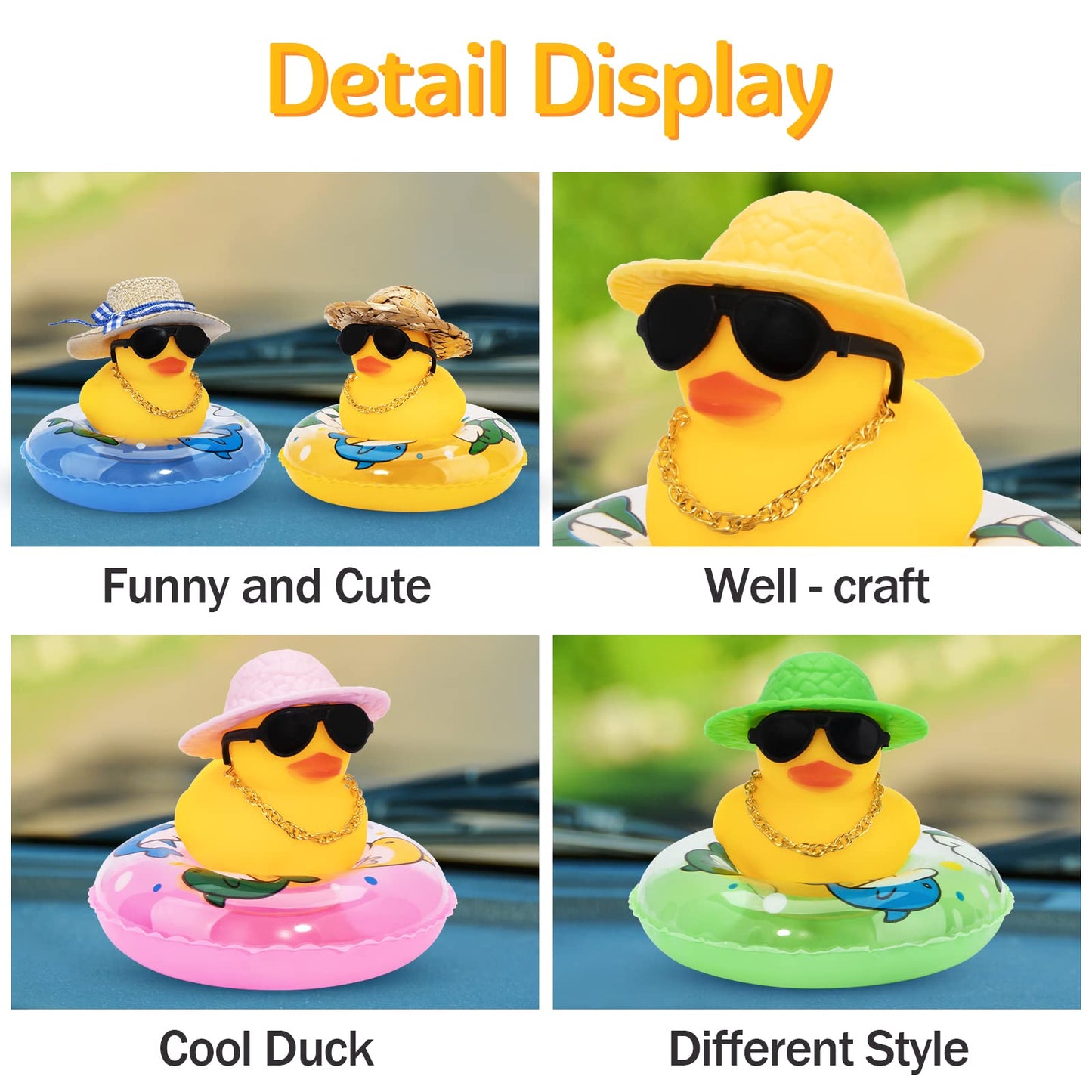 wonuu Car Rubber Duck – Yellow Dash Decoration with Hat, Sunglasses, Necklace & Swim Ring