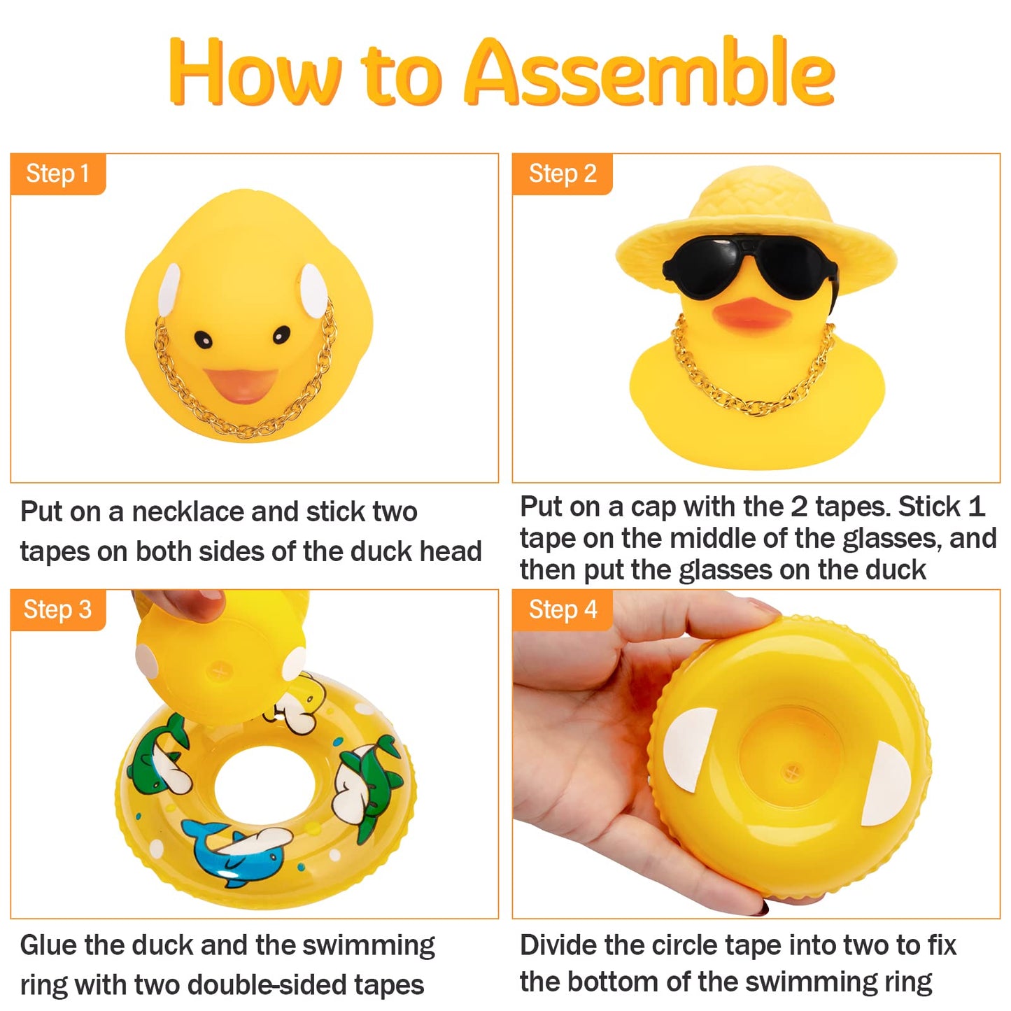 wonuu Car Rubber Duck – Yellow Dash Decoration with Hat, Sunglasses, Necklace & Swim Ring