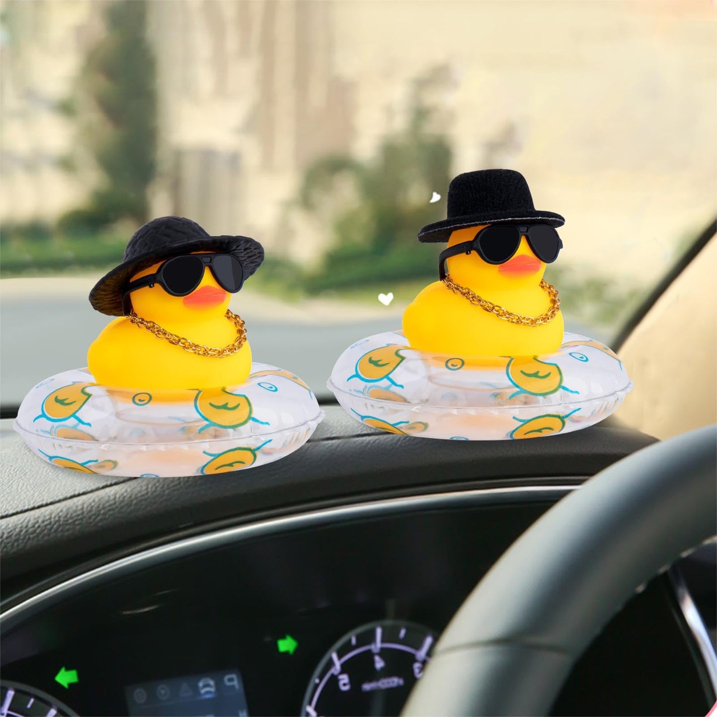 wonuu Car Rubber Duck Dashboard Decor – Yellow Duck with Sun Hat, Sunglasses, Necklace, Swim Ring and Top Hat