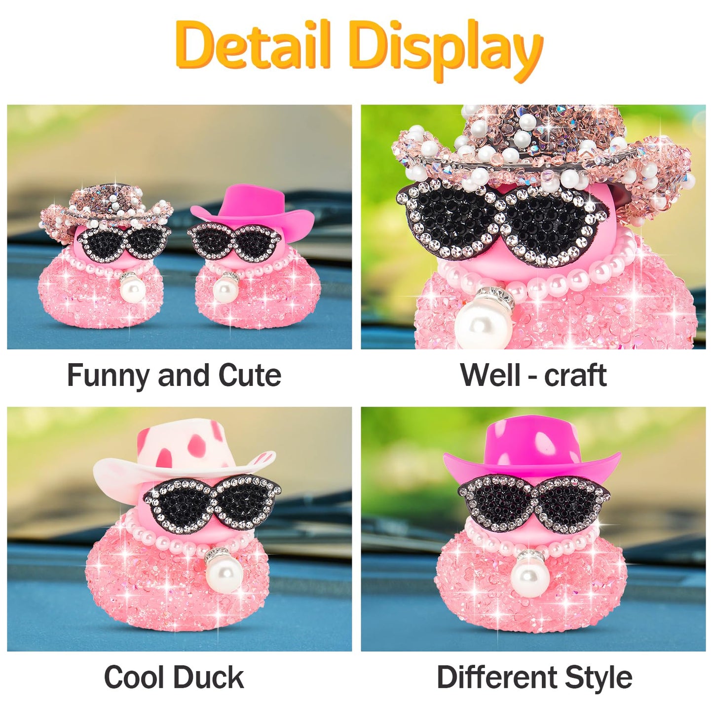 Wonuu Pink Diamond Rubber Duck Car Ornament – Fun Dashboard Decor with Squeak