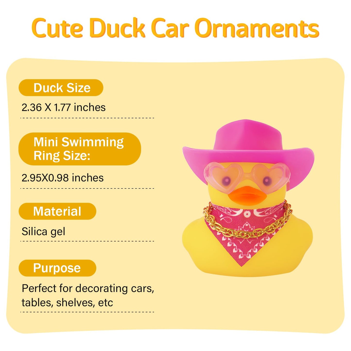 wonuu Car Rubber Cowboy Duck – Yellow Dashboard Decor with Cowboy Hat, Pink Sunglasses & Necklace