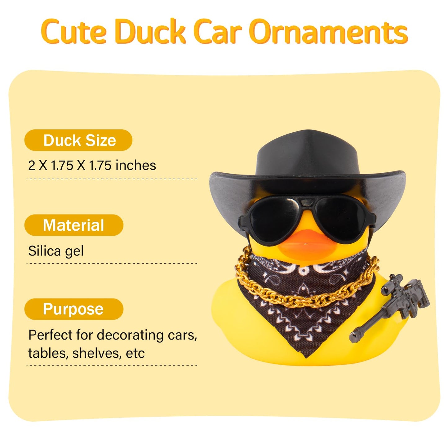 wonuu Black Cool Rubber Duck Car Ornament – Dashboard Decoration with Cowboy Hat and Sunglasses