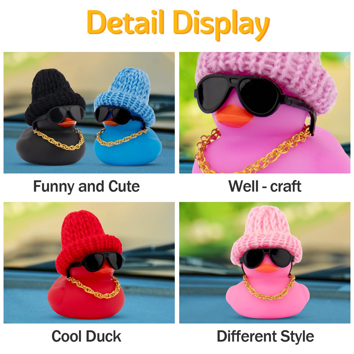 wonuu Car Dashboard Colorful Rubber Ducks – Christmas Knit Hat Car Ornament with Glasses & Necklace
