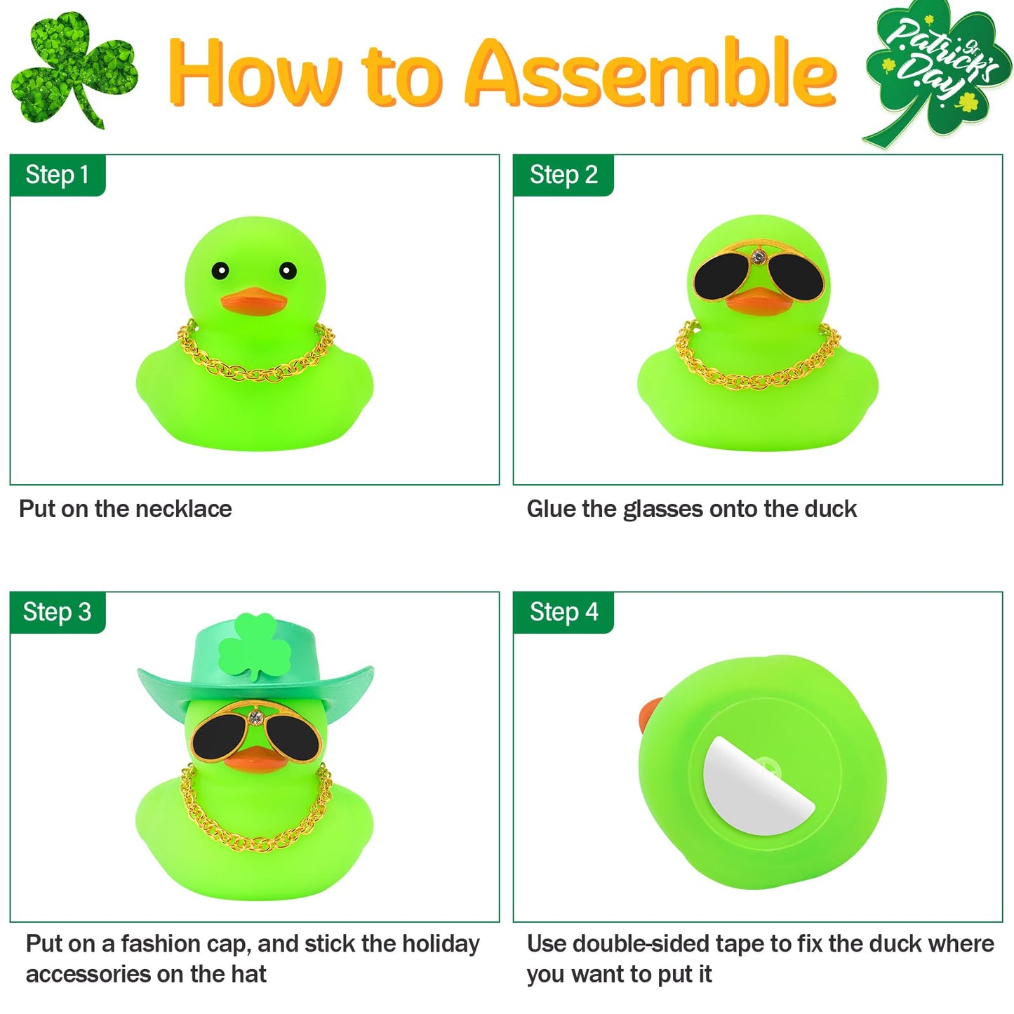 wonuu St. Patrick's Day Car Rubber Duck – Green Shamrock Hat, Diamond Glasses & Glitter Gold Chain