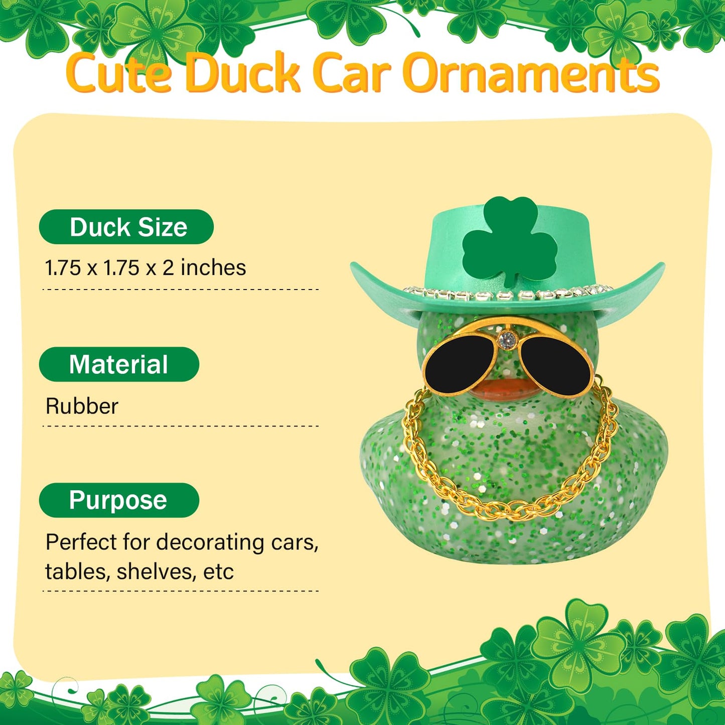 wonuu St. Patrick's Day Car Rubber Duck – Green Shamrock Hat, Diamond Glasses & Glitter Gold Chain