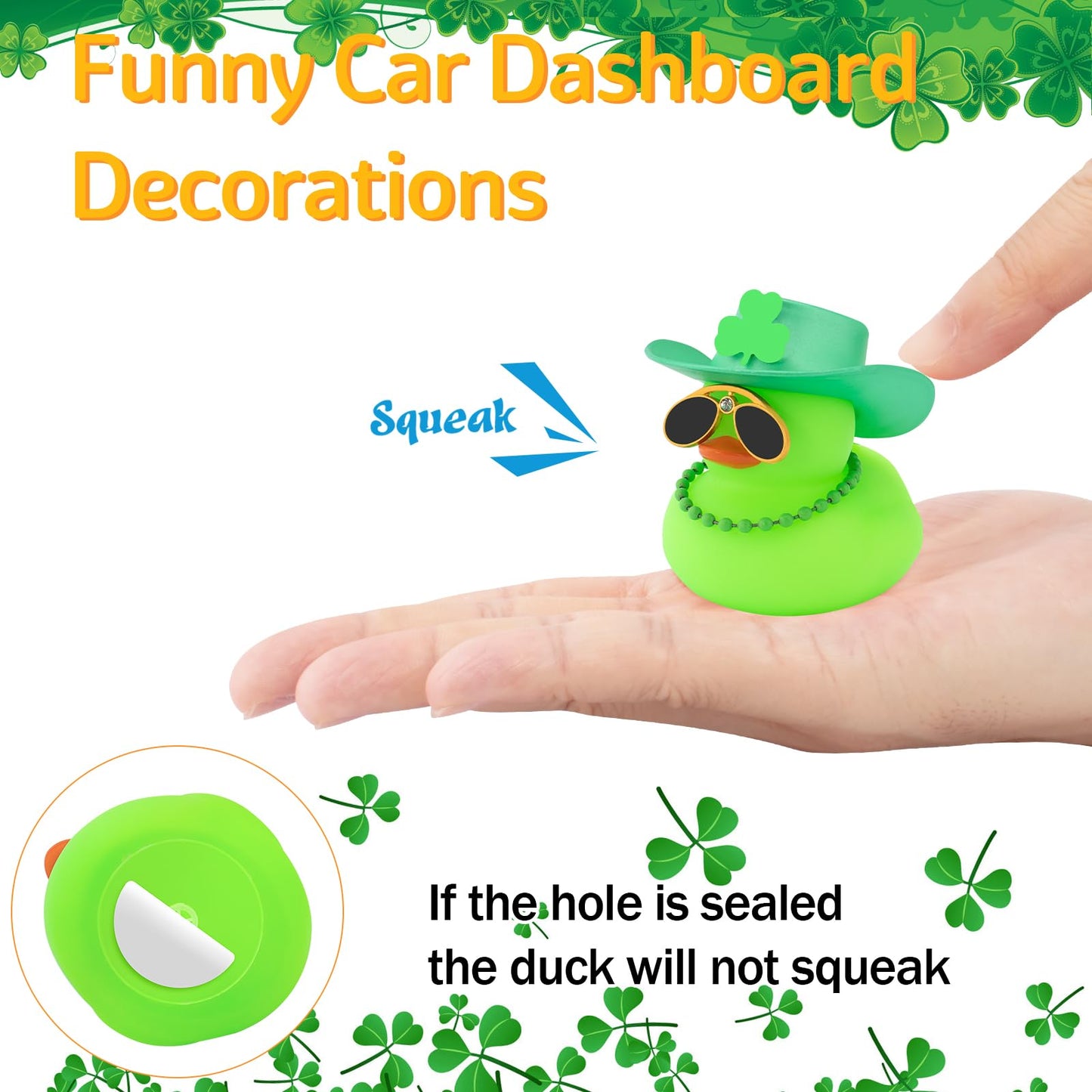 wonuu St. Patrick's Day Car Rubber Duck – Green Shamrock Hat, Diamond Glasses & Glitter Gold Chain