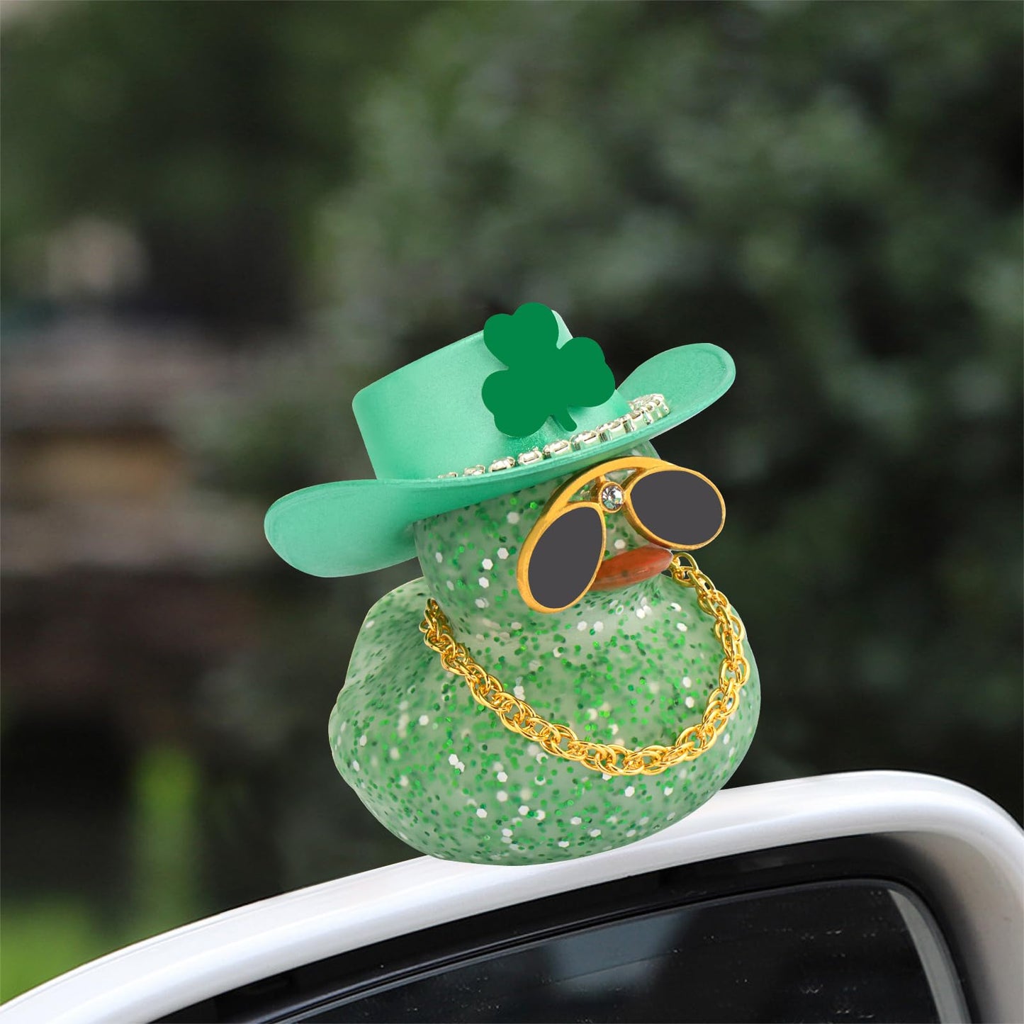 wonuu St. Patrick's Day Car Rubber Duck – Green Shamrock Hat, Diamond Glasses & Glitter Gold Chain