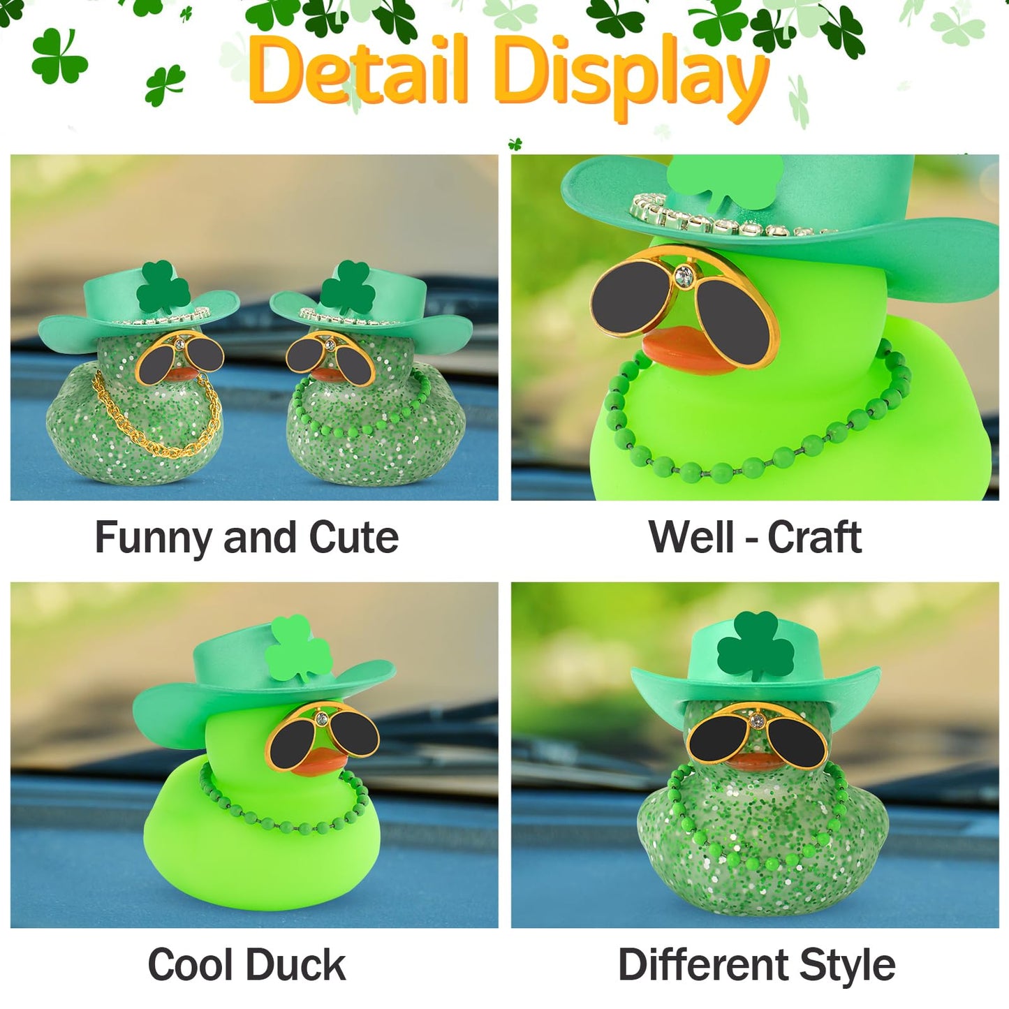 wonuu St. Patrick's Day Car Rubber Duck – Green Shamrock Hat, Diamond Glasses & Glitter Gold Chain
