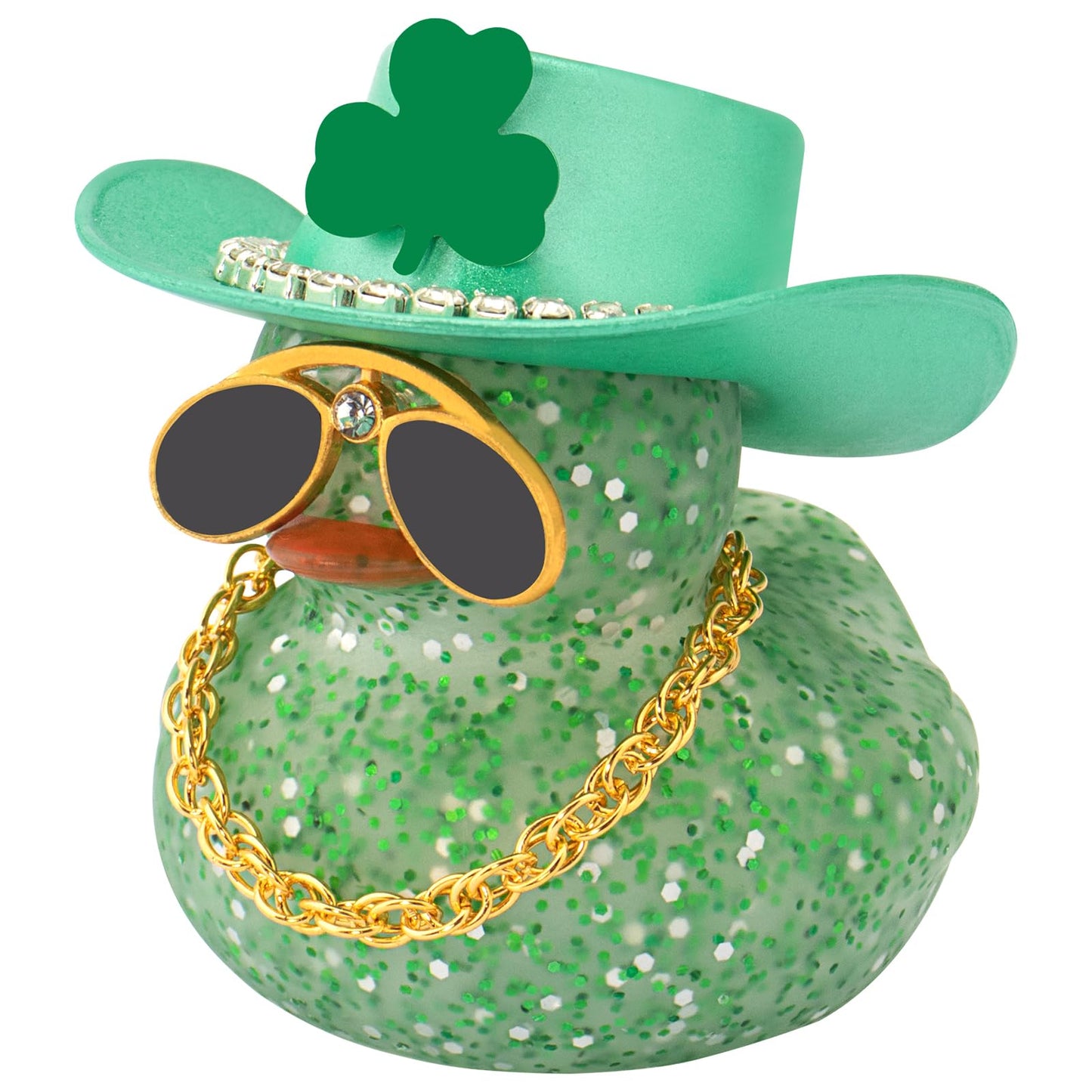 wonuu St. Patrick's Day Car Rubber Duck – Green Shamrock Hat, Diamond Glasses & Glitter Gold Chain