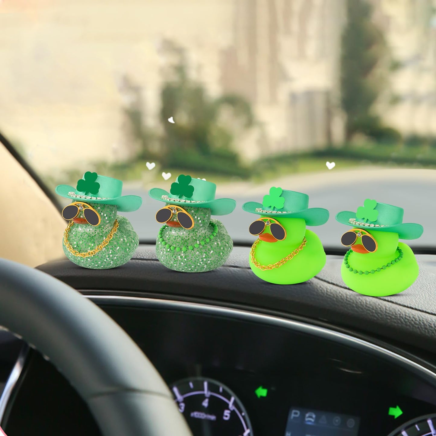 wonuu St. Patrick's Day Car Rubber Duck – Green Shamrock Hat, Diamond Glasses & Glitter Gold Chain