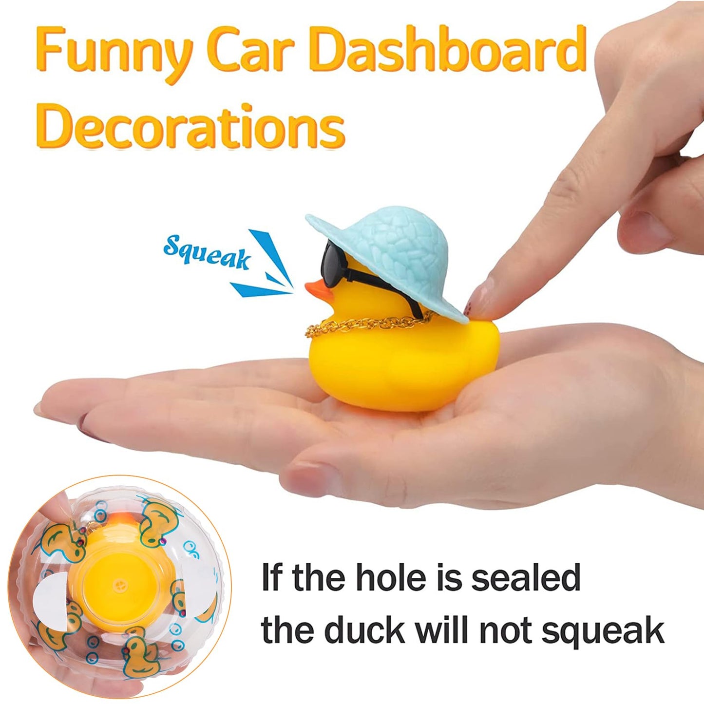 wonuu Car Rubber Duck Dashboard Decor – Yellow Duck with Sun Hat, Sunglasses, Necklace, Swim Ring and Top Hat