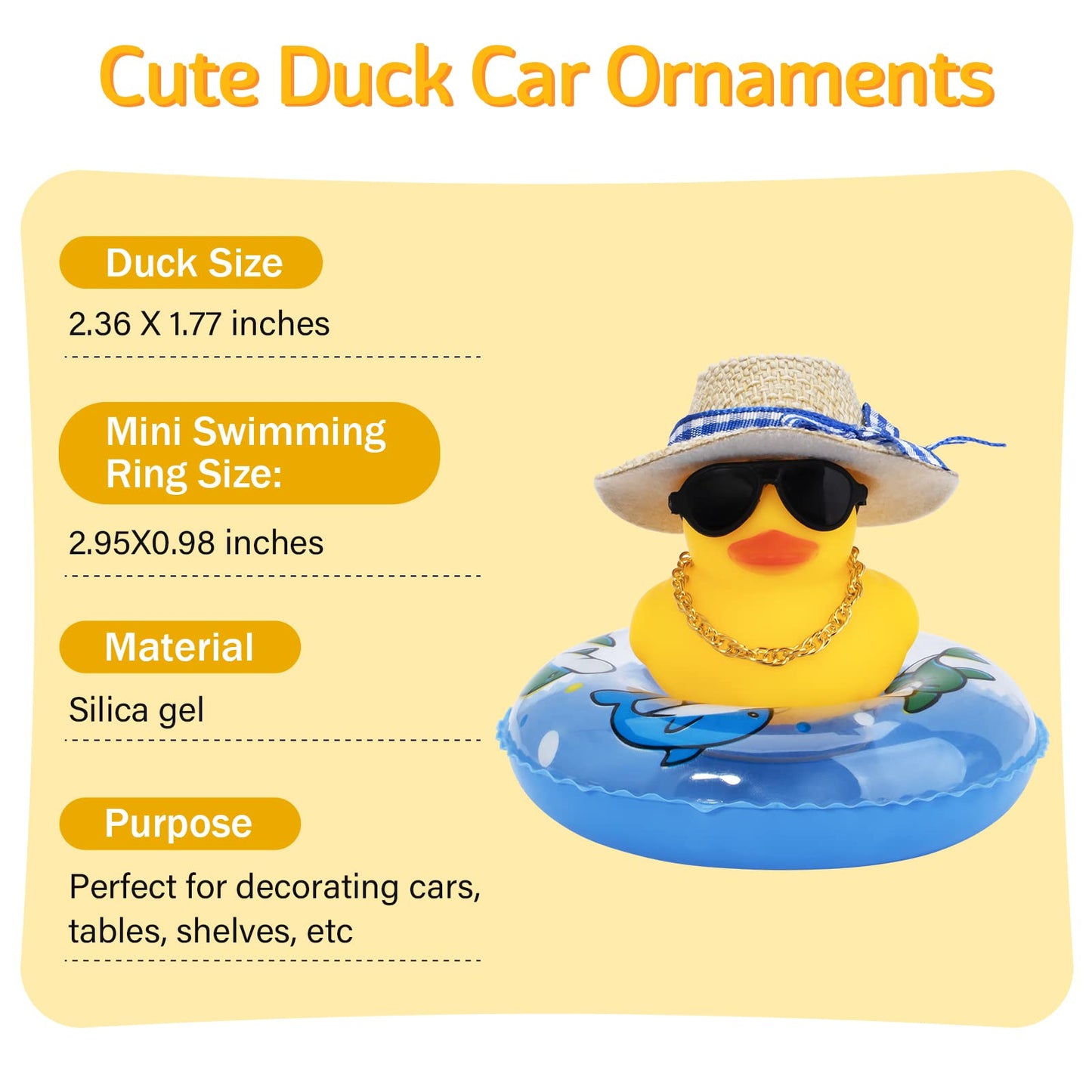 wonuu Car Rubber Duck – Yellow Dash Decoration with Hat, Sunglasses, Necklace & Swim Ring