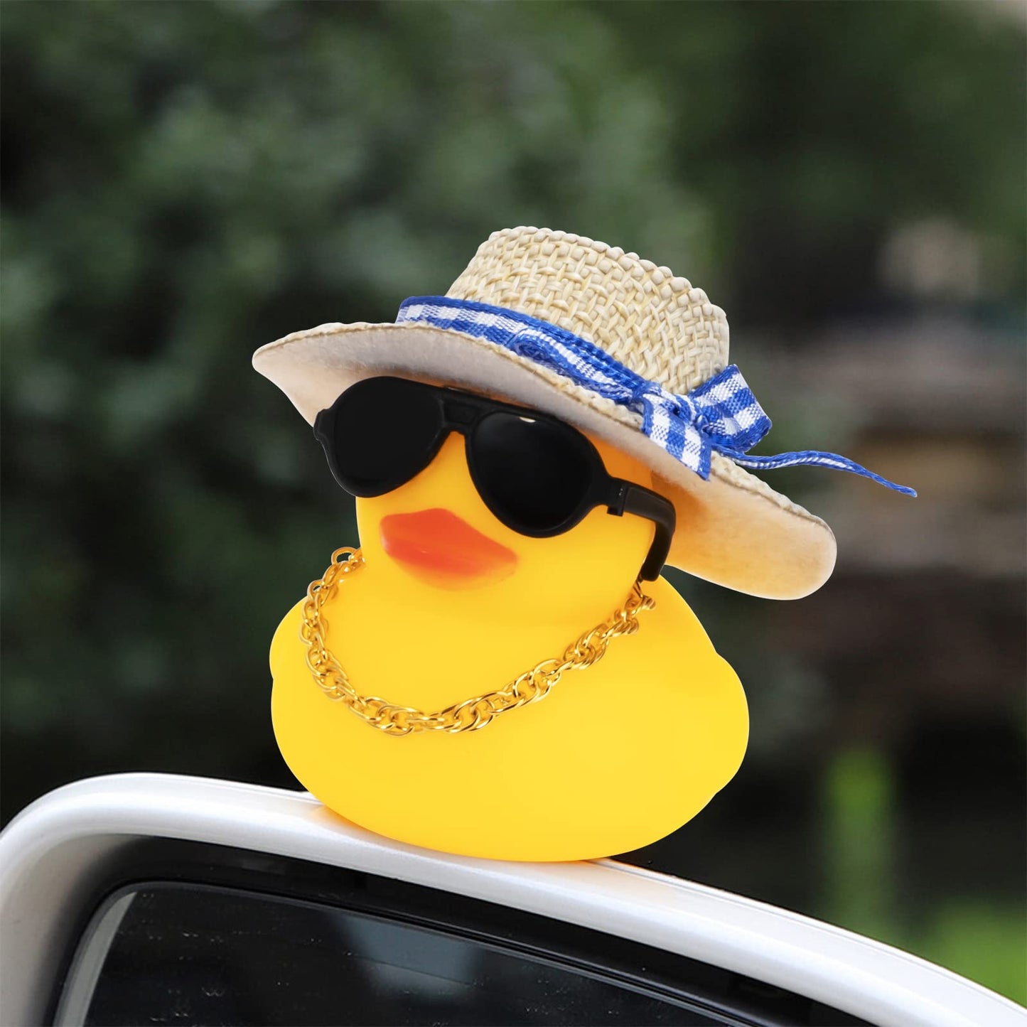 wonuu Car Rubber Duck – Yellow Dash Decoration with Hat, Sunglasses, Necklace & Swim Ring