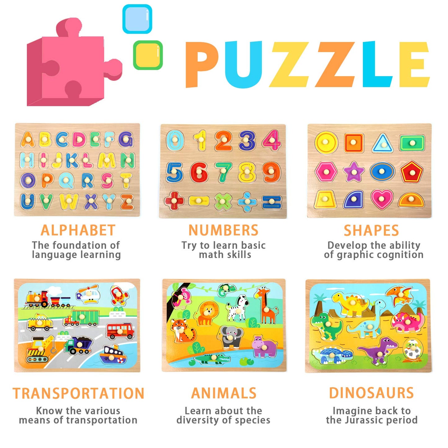 WOOD CITY Toddler Puzzles & Storage Rack Set – Alphabet, Numbers, Shapes, Dinosaur, Animal & Vehicle