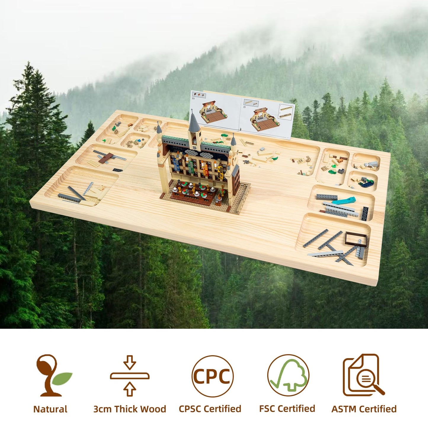 WOOD CITY Building Baseplate Table with Lazy Susan – LEGO Build Tray, Storage & Classification for All Ages
