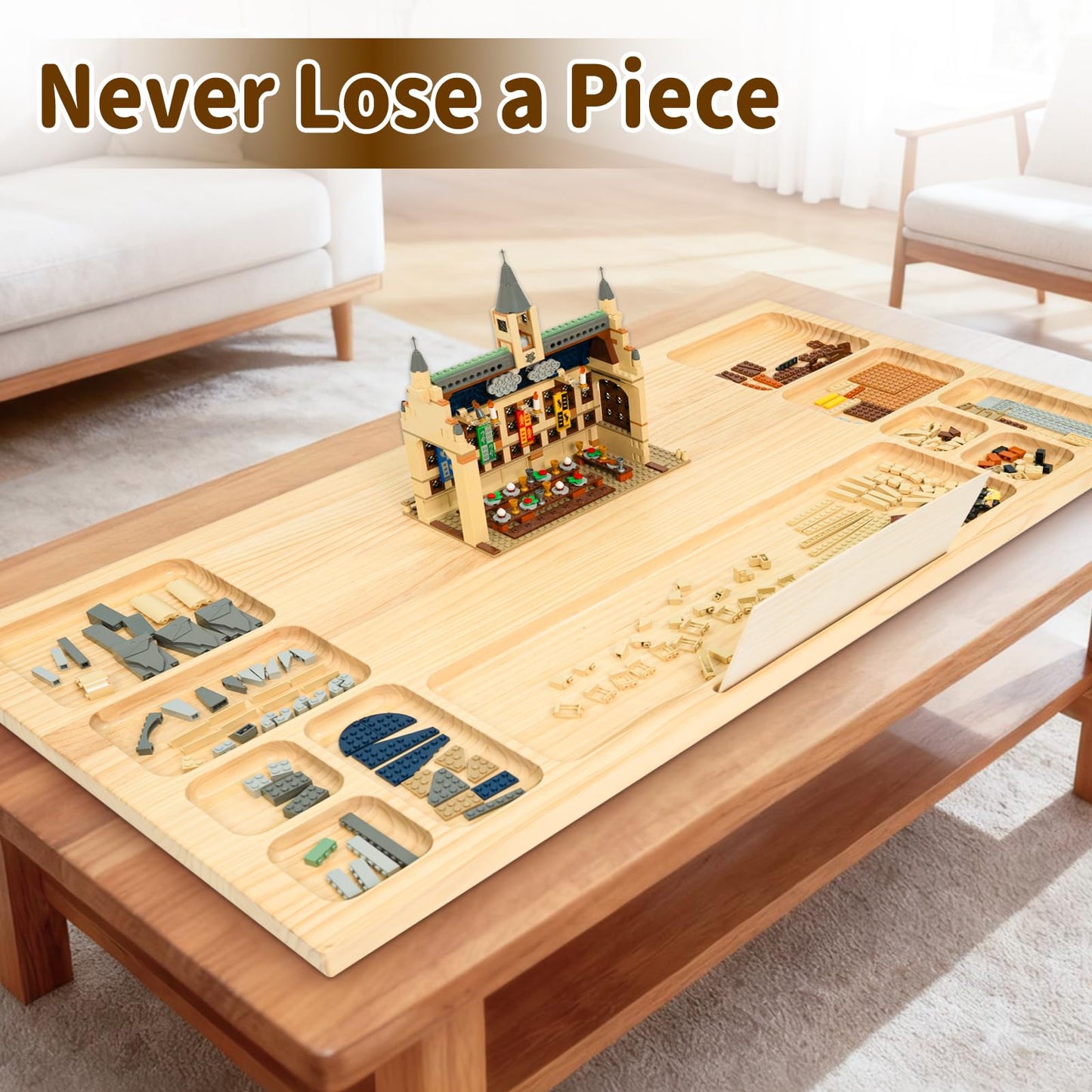 WOOD CITY Building Baseplate Table with Lazy Susan – Large LEGO Building Tray, Storage & Sorting