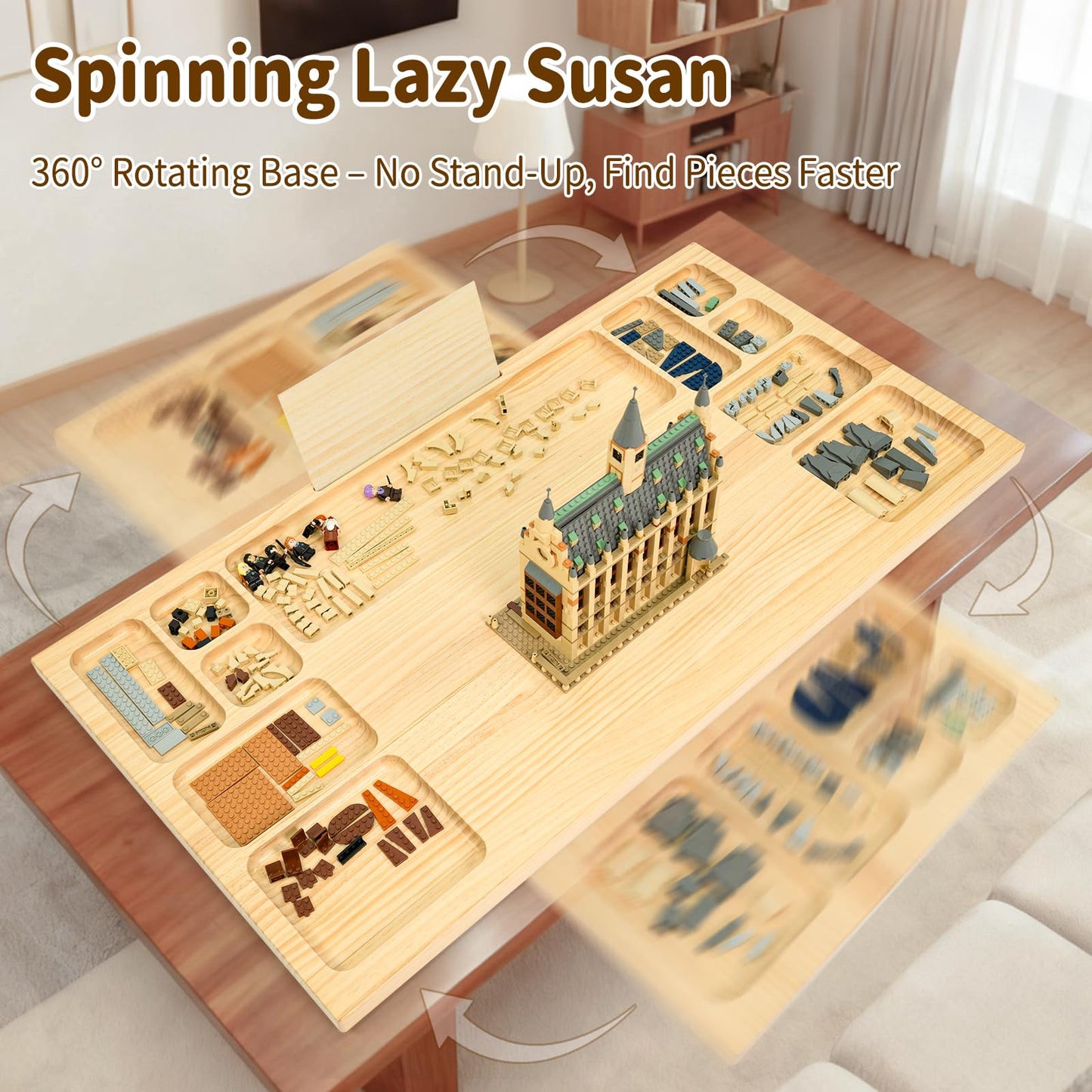 WOOD CITY Building Baseplate Table with Lazy Susan – Large LEGO Building Tray, Storage & Sorting
