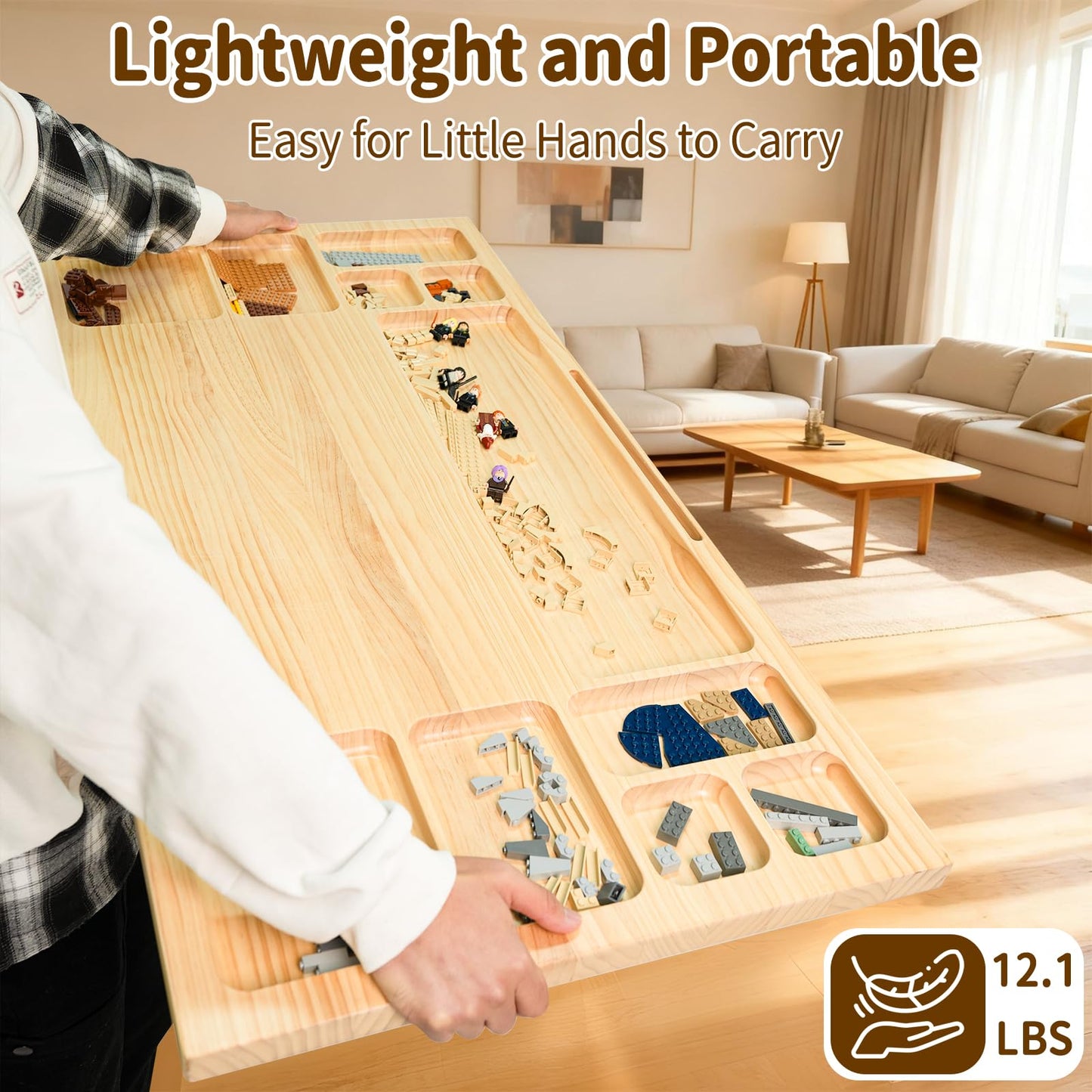 WOOD CITY Building Baseplate Table with Lazy Susan – Large LEGO Building Tray, Storage & Sorting