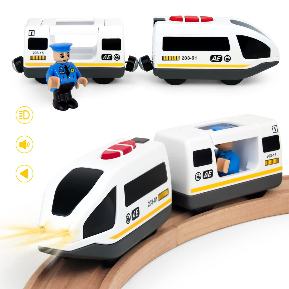 WOOD CITY Battery Operated Train for Wooden Track – Powerful Locomotive, Lights,Compatible with Thomas & Brio