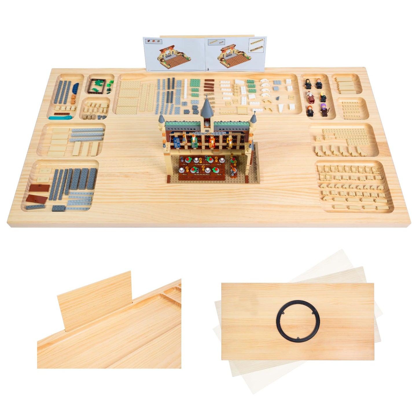 WOOD CITY Building Baseplate Table with Lazy Susan – LEGO Build Tray, Storage & Classification for All Ages
