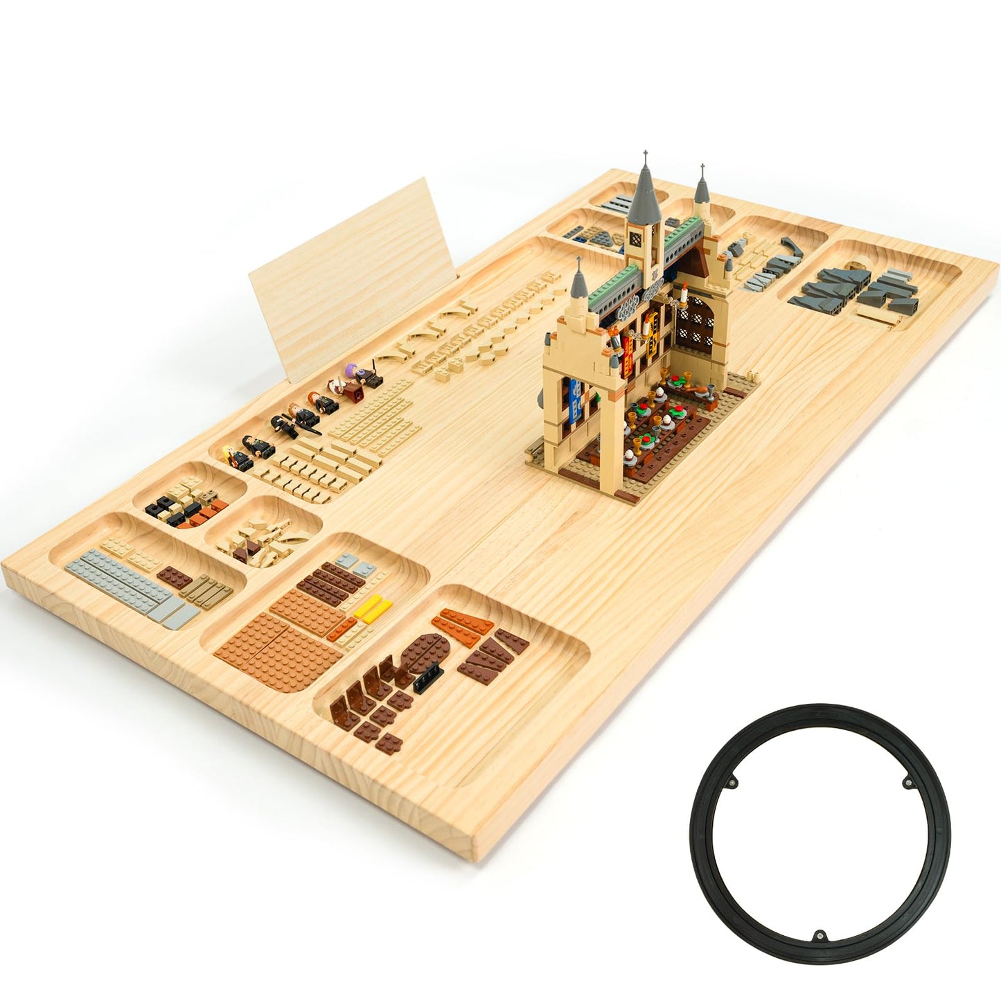 WOOD CITY Building Baseplate Table with Lazy Susan – Large LEGO Building Tray, Storage & Sorting