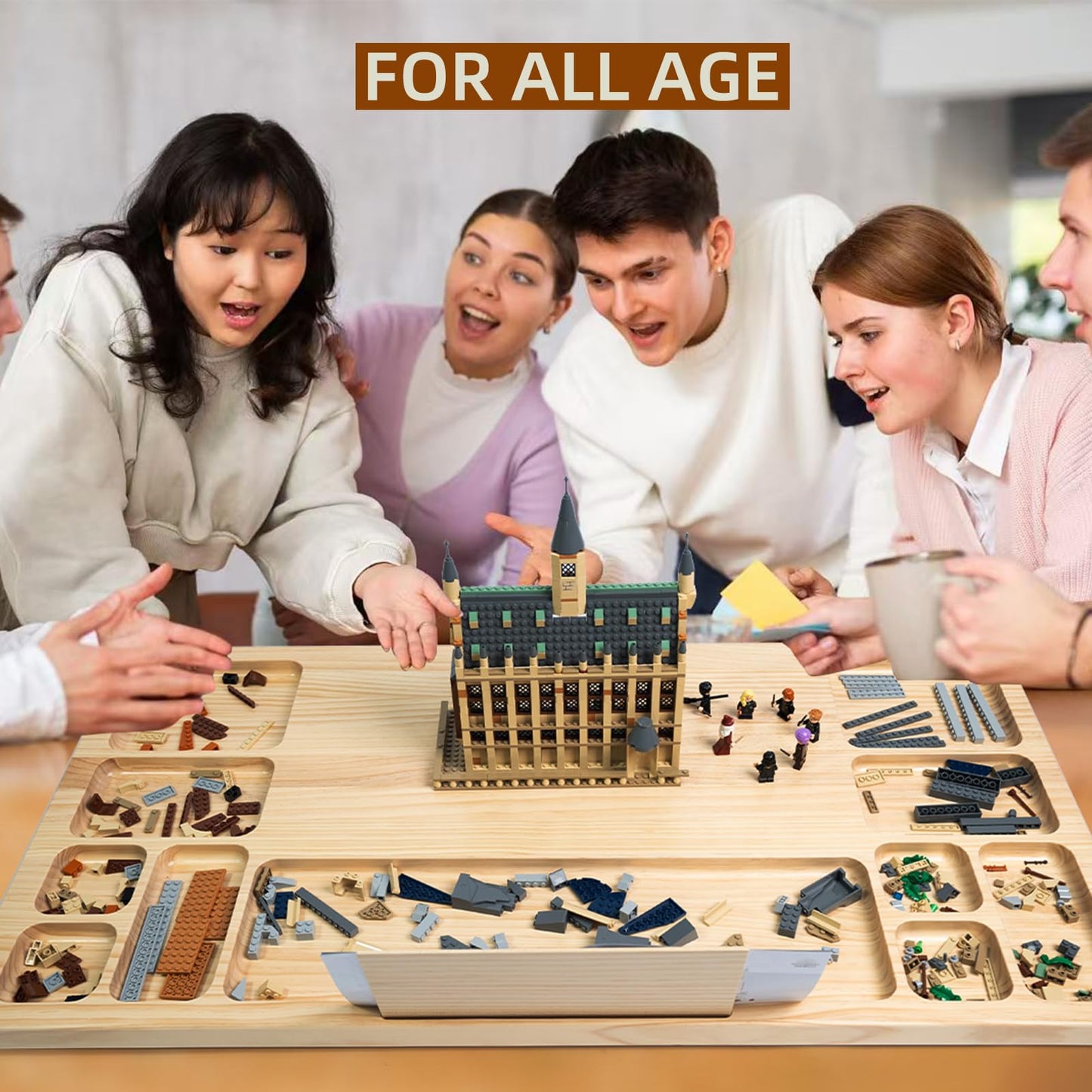 WOOD CITY Building Baseplate Table with Lazy Susan – LEGO Build Tray, Storage & Classification for All Ages