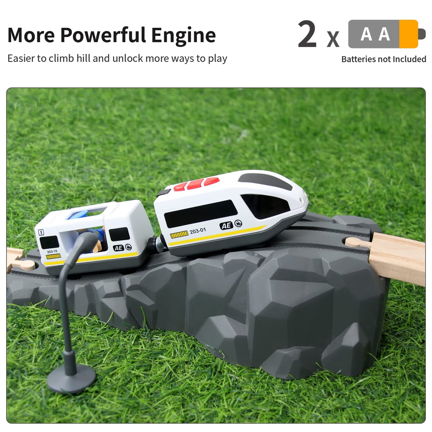 WOOD CITY Battery Operated Train for Wooden Track – Powerful Locomotive, Lights,Compatible with Thomas & Brio