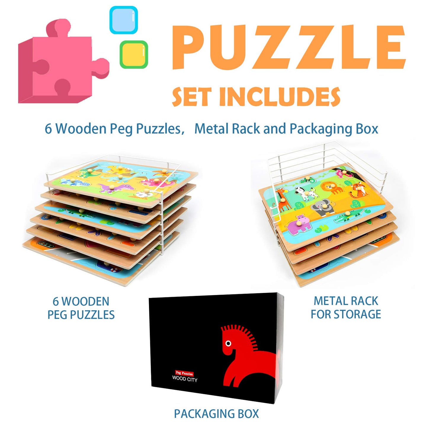 WOOD CITY Toddler Puzzles & Storage Rack Set – Alphabet, Numbers, Shapes, Dinosaur, Animal & Vehicle