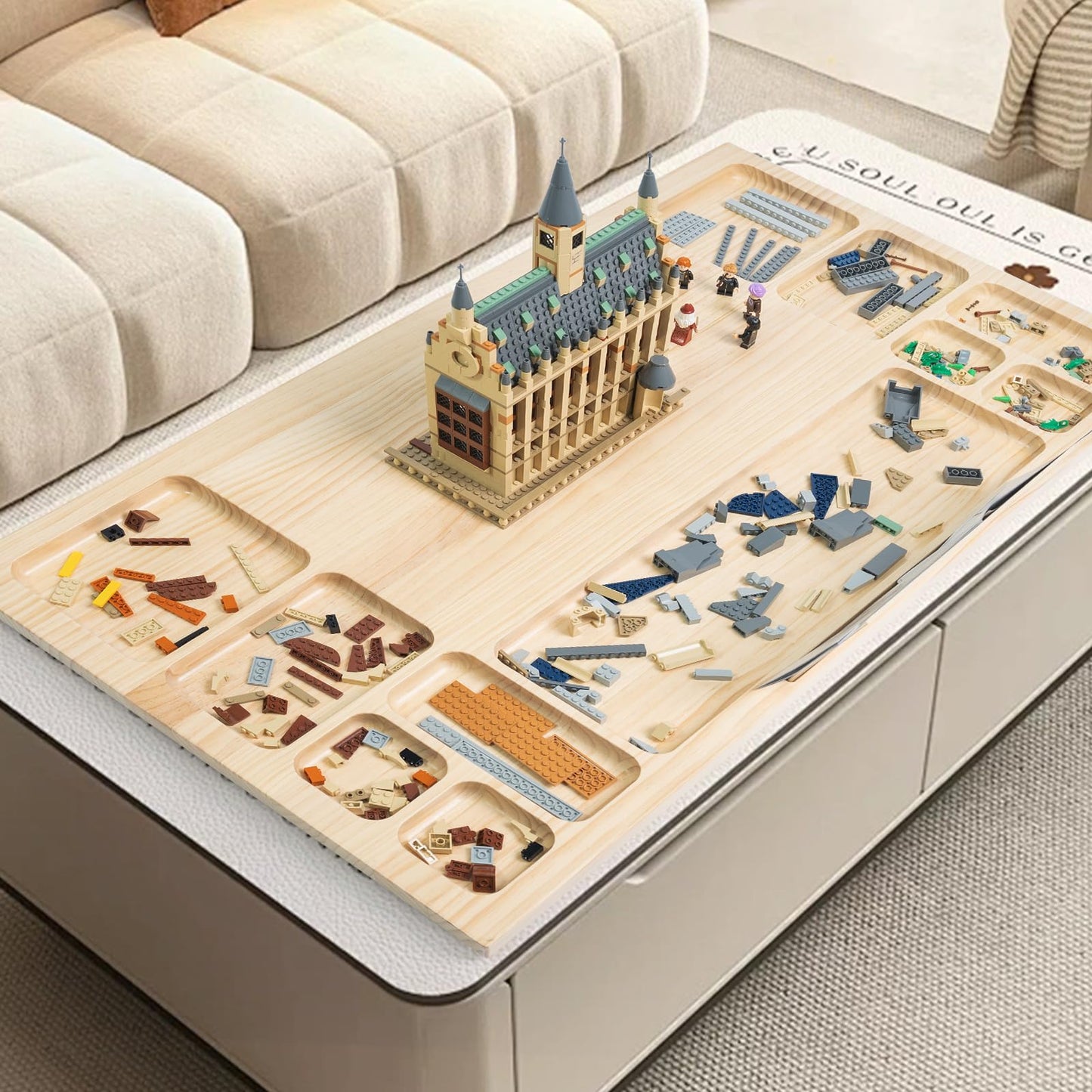 WOOD CITY Building Baseplate Table with Lazy Susan – LEGO Build Tray, Storage & Classification for All Ages