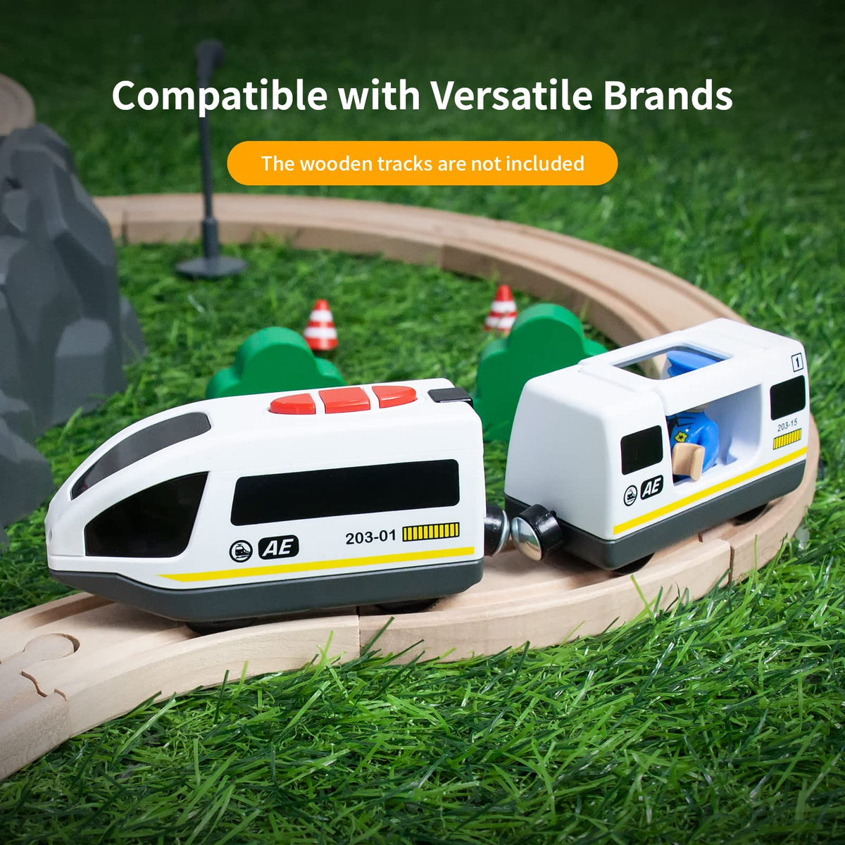 WOOD CITY Battery Operated Train for Wooden Track – Powerful Locomotive, Lights,Compatible with Thomas & Brio