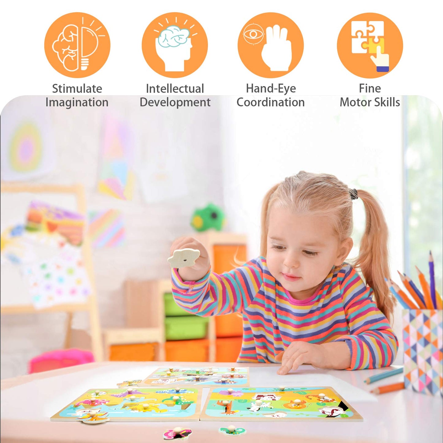 WOOD CITY Toddler Puzzles & Storage Rack Set – Alphabet, Numbers, Shapes, Dinosaur, Animal & Vehicle