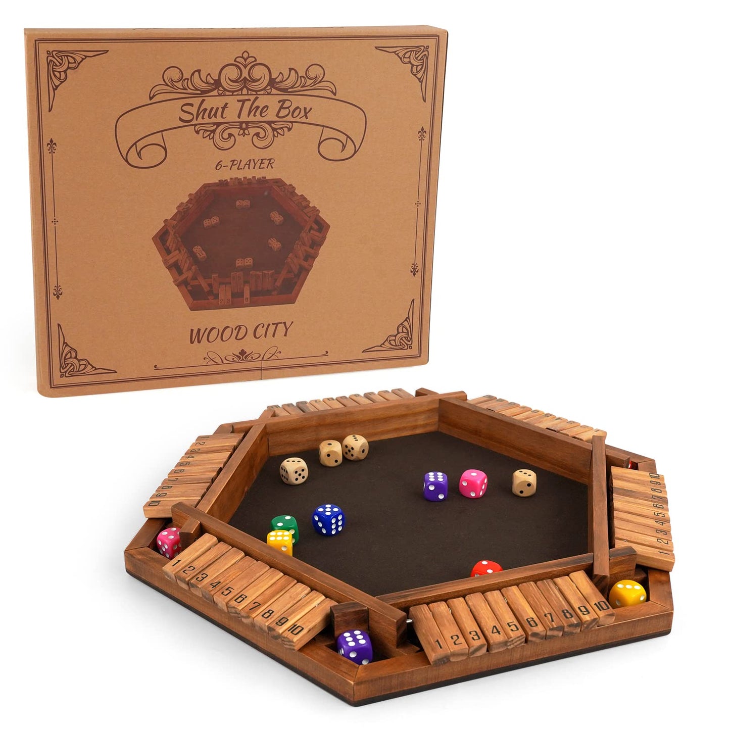 WOOD CITY Shut The Box Game – Wooden Dice Strategy for 6 Players
