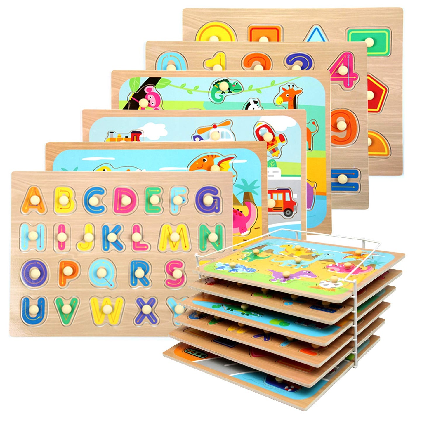 WOOD CITY Toddler Puzzles & Storage Rack Set – Alphabet, Numbers, Shapes, Dinosaur, Animal & Vehicle