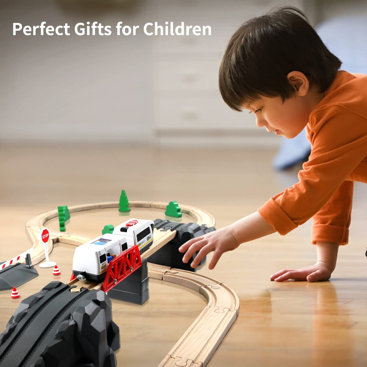 WOOD CITY Battery Operated Train for Wooden Track – Powerful Locomotive, Lights,Compatible with Thomas & Brio