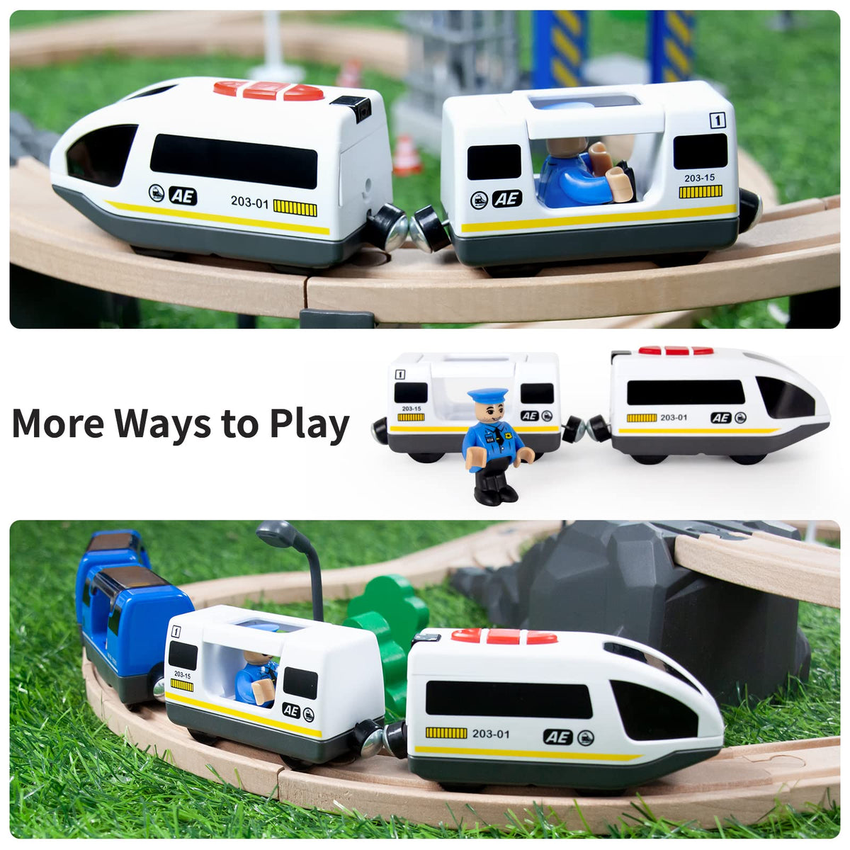 WOOD CITY Battery Operated Train for Wooden Track – Powerful Locomotive, Lights,Compatible with Thomas & Brio