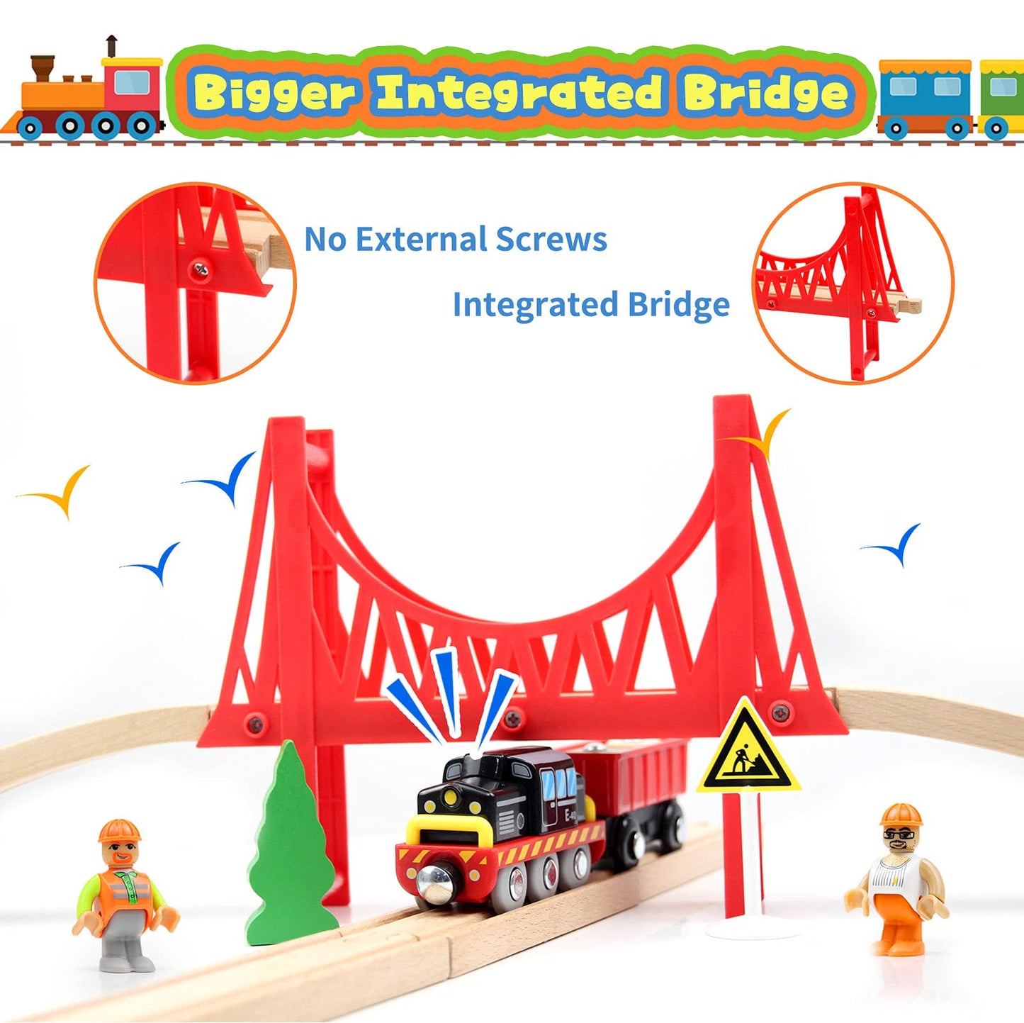 WOOD CITY 56-Piece Deluxe Wooden Train Set – Cargo Theme with Tower Crane & Suspension Bridge