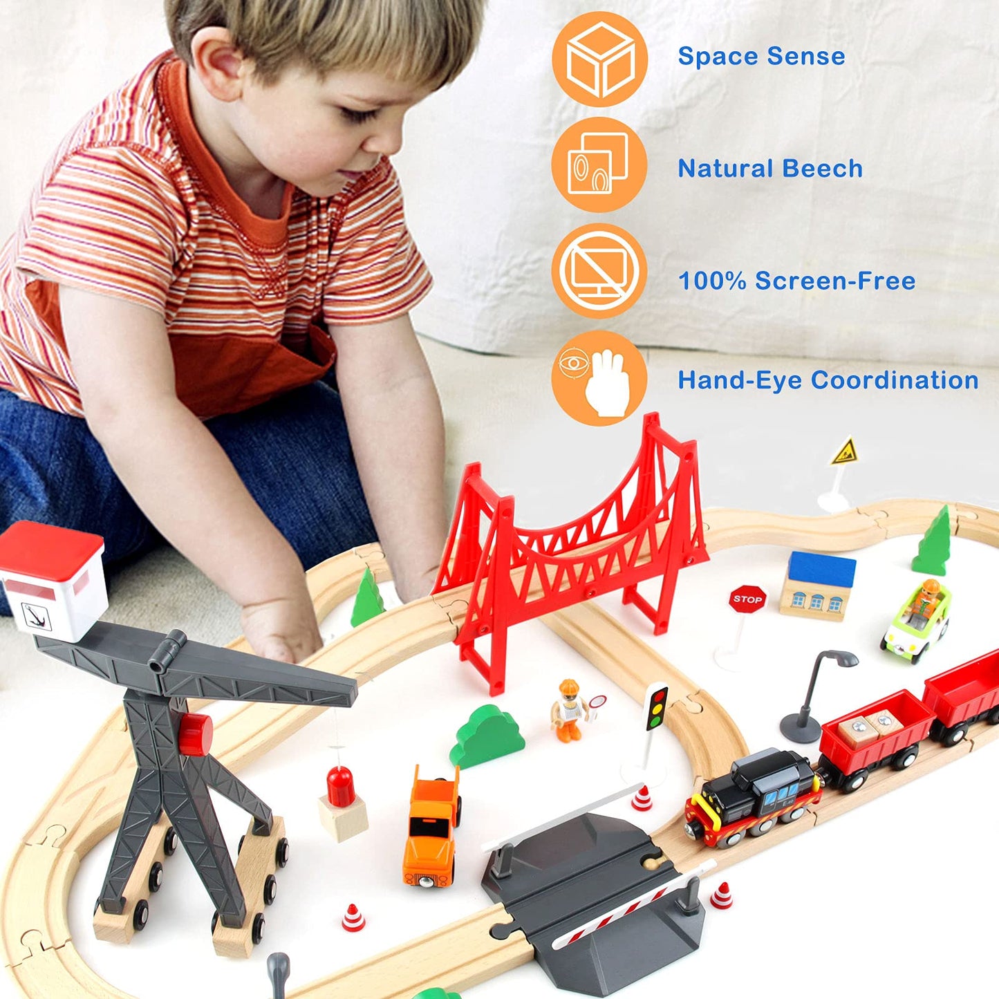 WOOD CITY 56-Piece Deluxe Wooden Train Set – Cargo Theme with Tower Crane & Suspension Bridge