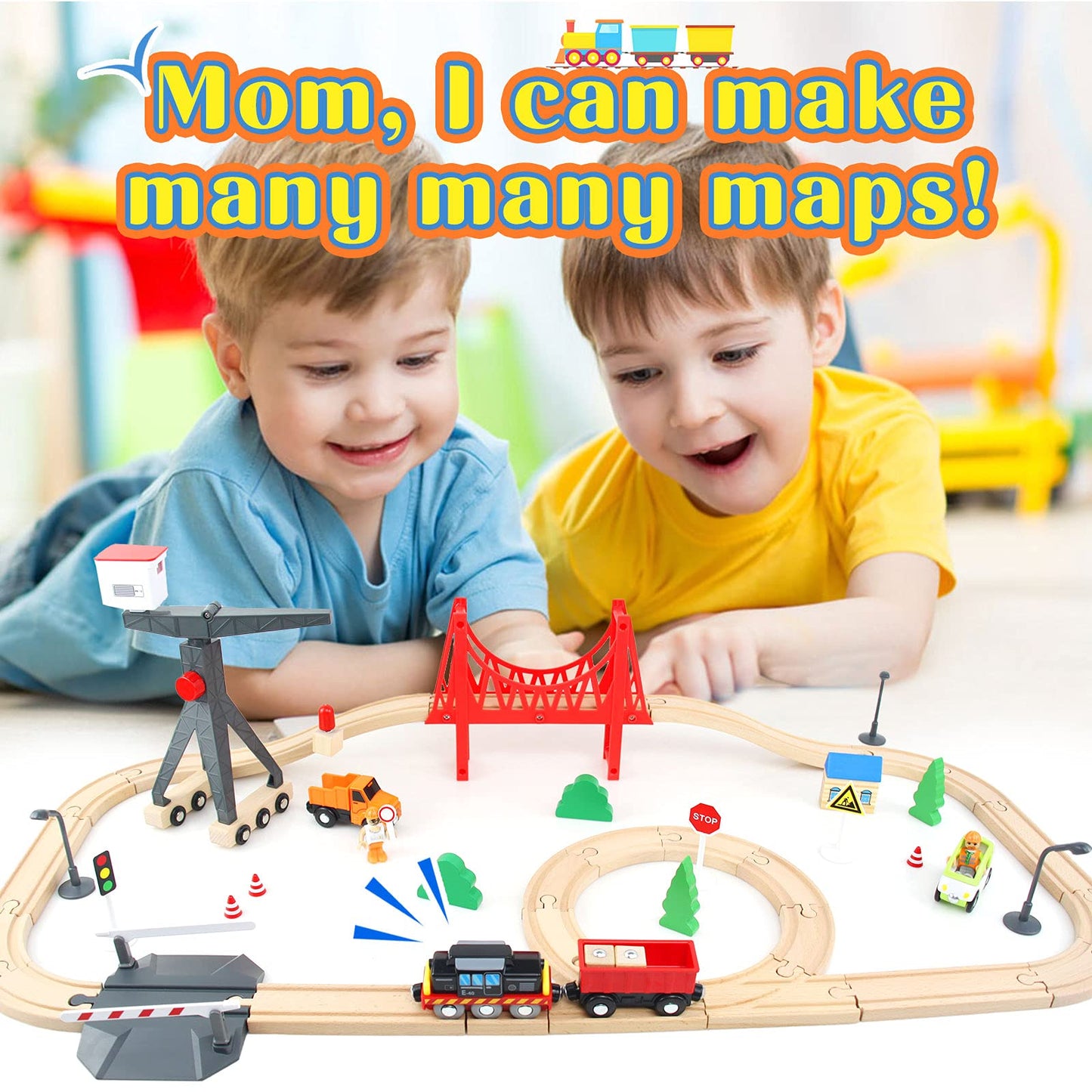 WOOD CITY 56-Piece Deluxe Wooden Train Set – Cargo Theme with Tower Crane & Suspension Bridge