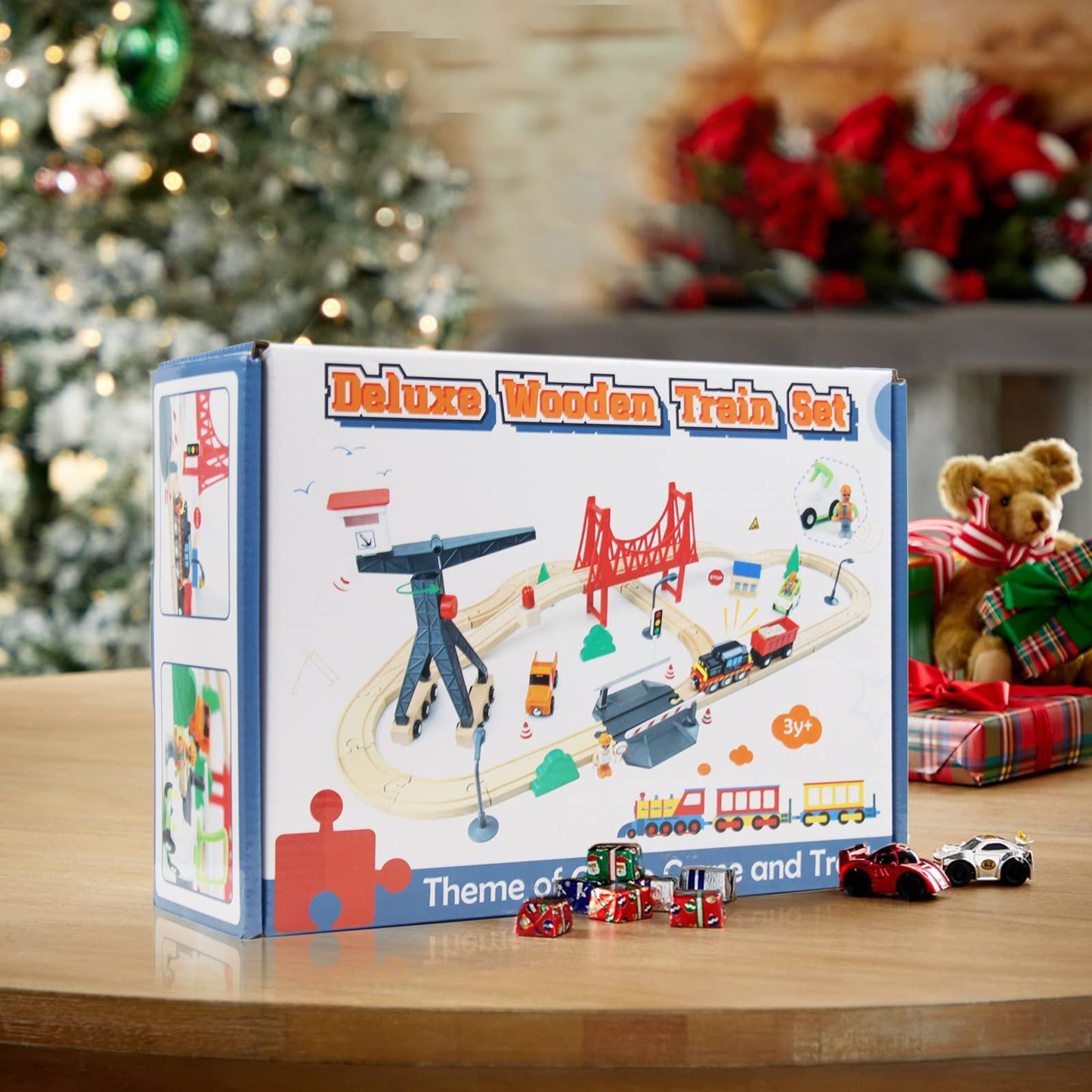 WOOD CITY 56-Piece Deluxe Wooden Train Set – Cargo Theme with Tower Crane & Suspension Bridge