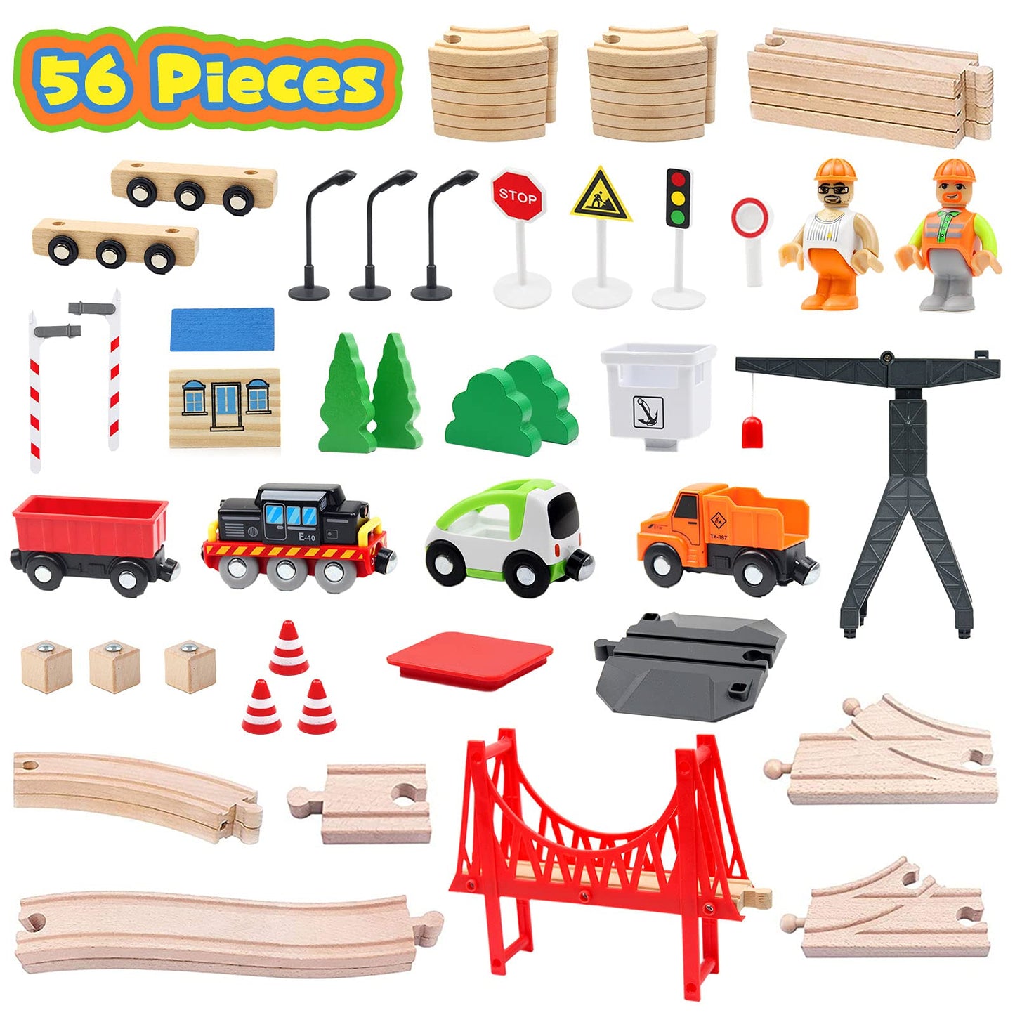 WOOD CITY 56-Piece Deluxe Wooden Train Set – Cargo Theme with Tower Crane & Suspension Bridge