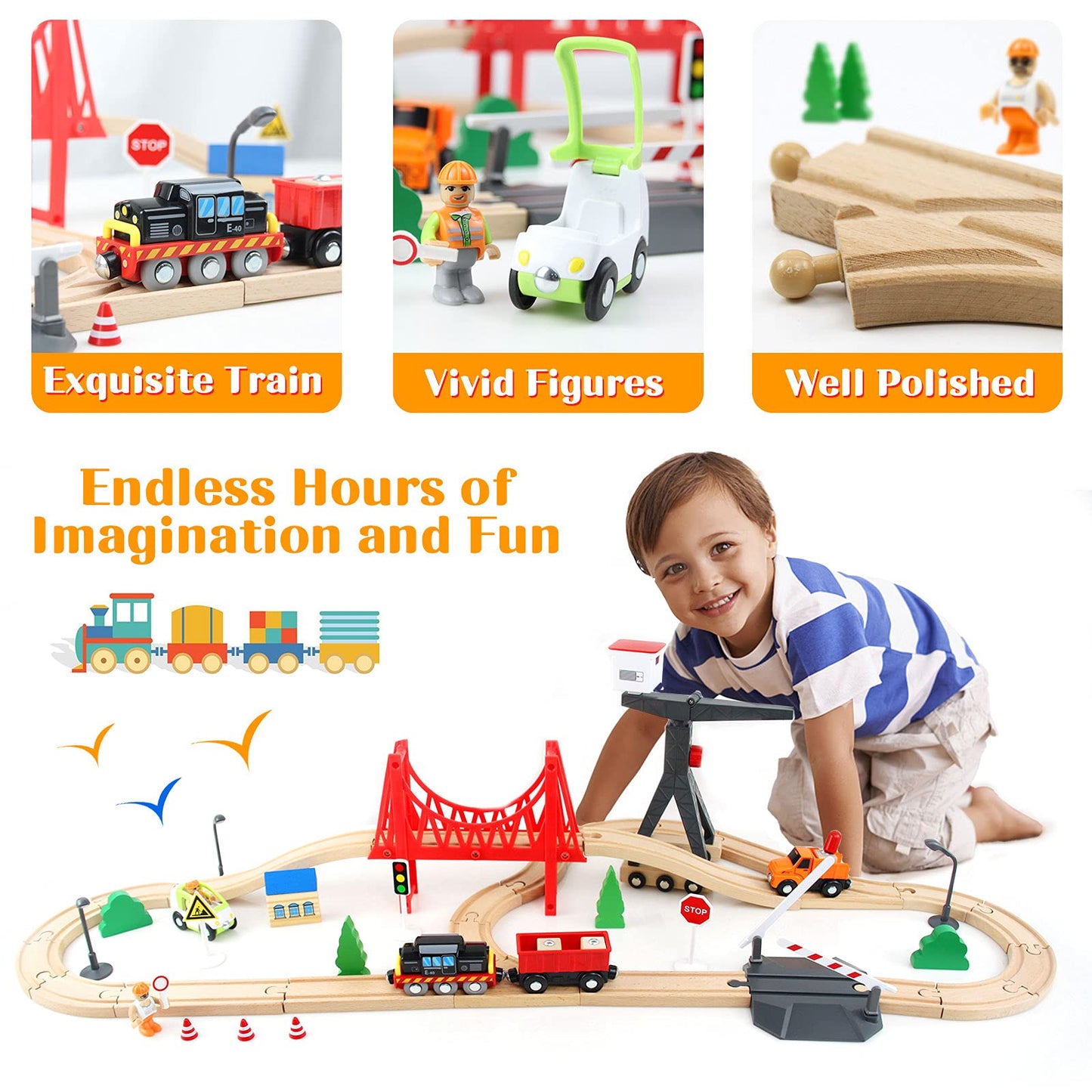 WOOD CITY 56-Piece Deluxe Wooden Train Set – Cargo Theme with Tower Crane & Suspension Bridge