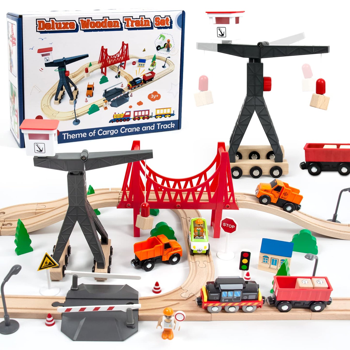 WOOD CITY 56-Piece Deluxe Wooden Train Set – Cargo Theme with Tower Crane & Suspension Bridge