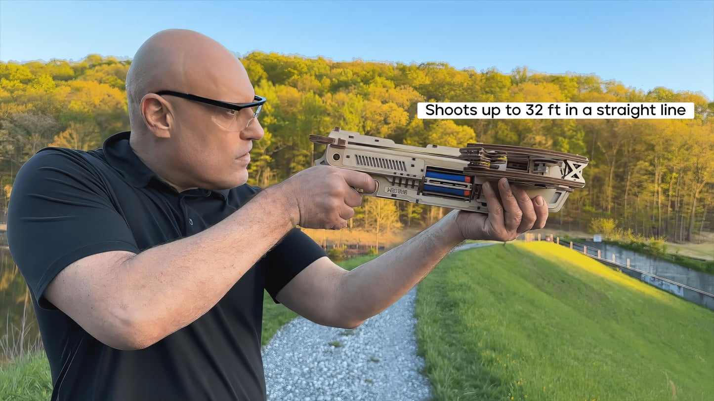 Wood Trick Bullet Boltcaster Crossbow — 3D Wooden Puzzle Kit for Adults, Shoots 32 ft