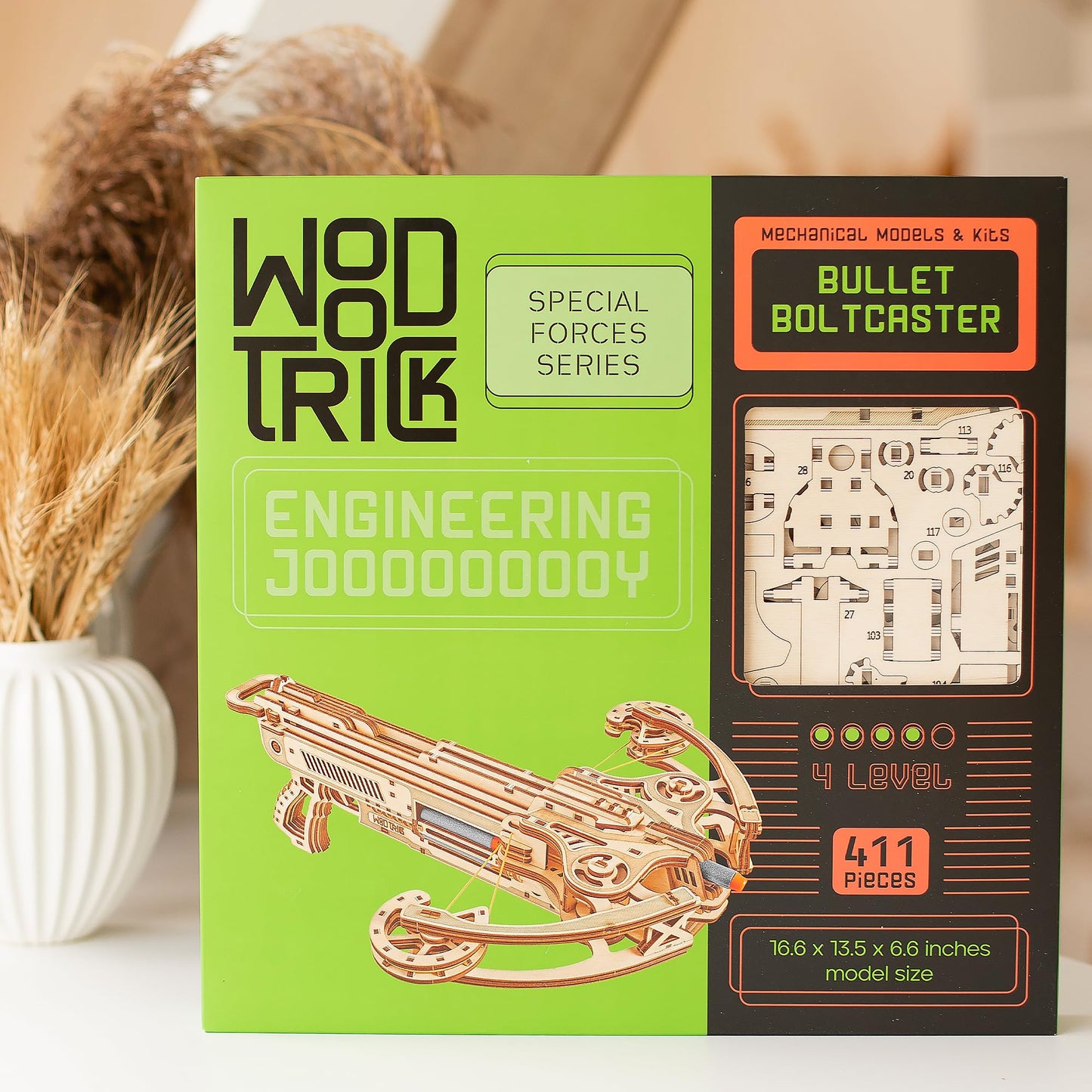 Wood Trick Bullet Boltcaster Crossbow — 3D Wooden Puzzle Kit for Adults, Shoots 32 ft